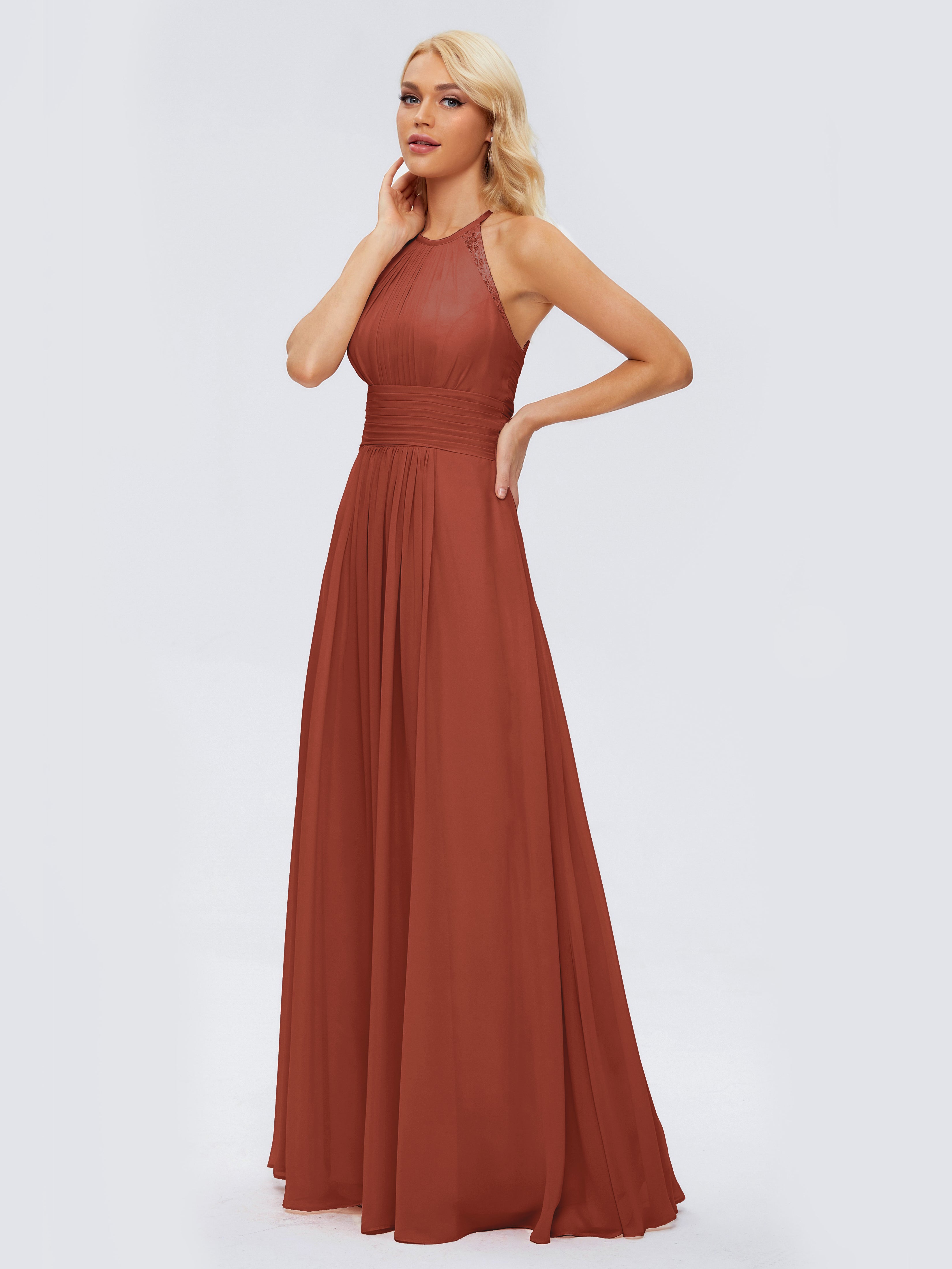 Robe De Demoiselle D'Honneur Rouille Trapèze Licou Dentelle Mousseline Robes Demoiselle D'Honneur