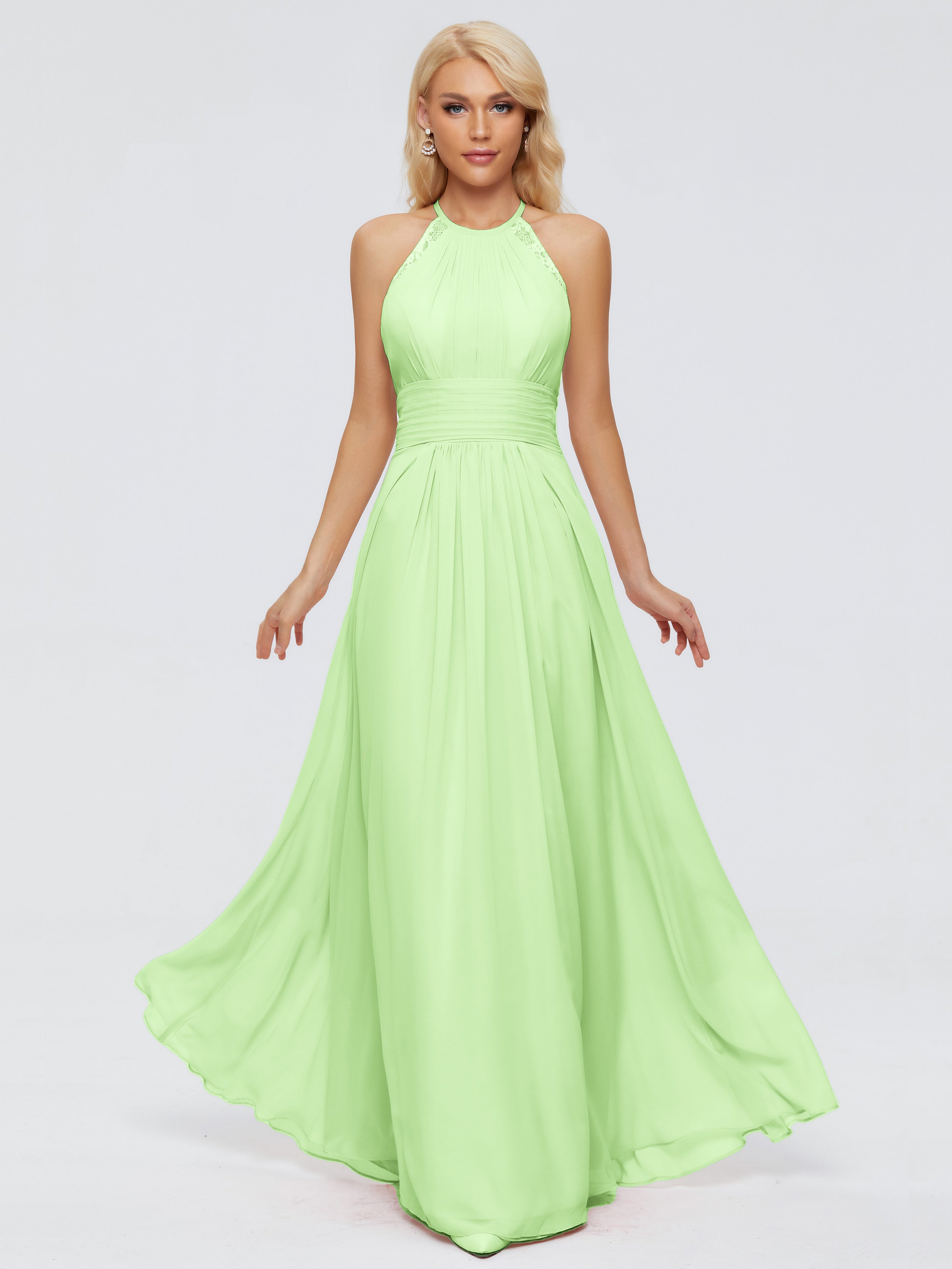 Robes De Demoiselle D'Honneur Vert Sauge Trapèze Licou Dentelle Mousseline Robes Demoiselle D'Honneur