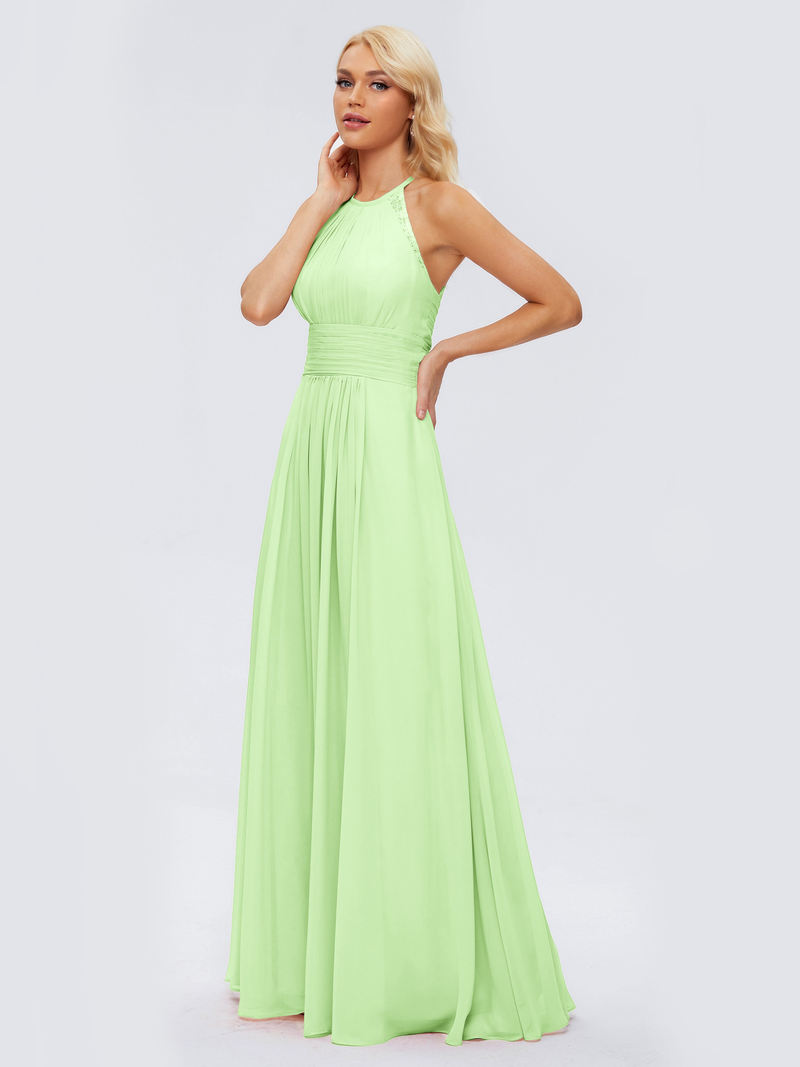 Robes De Demoiselle D'Honneur Vert Sauge Trapèze Licou Dentelle Mousseline Robes Demoiselle D'Honneur