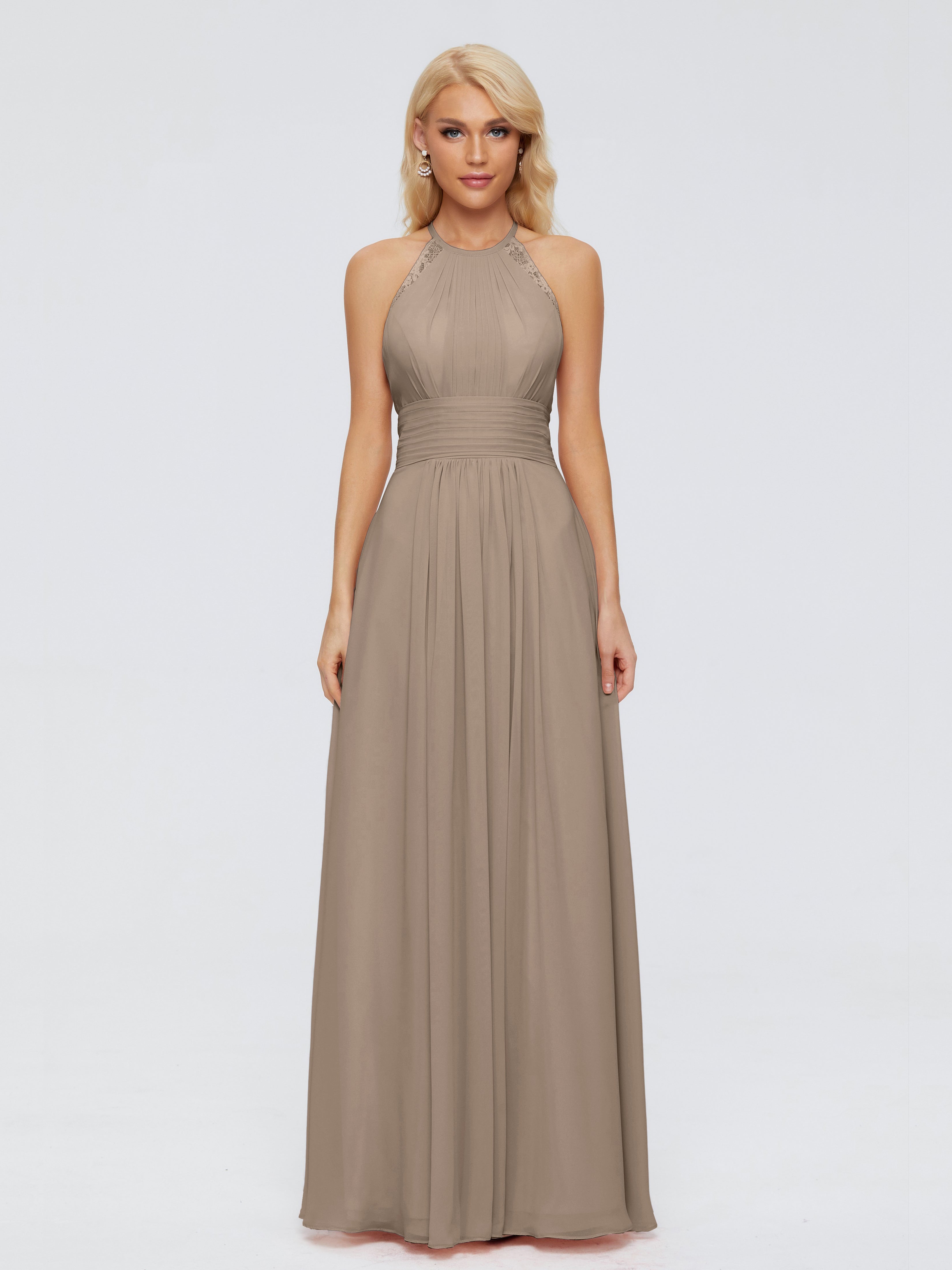 Robe Ceremonie Taupe Trapèze Licou Dentelle Mousseline Robes Demoiselle D'Honneur