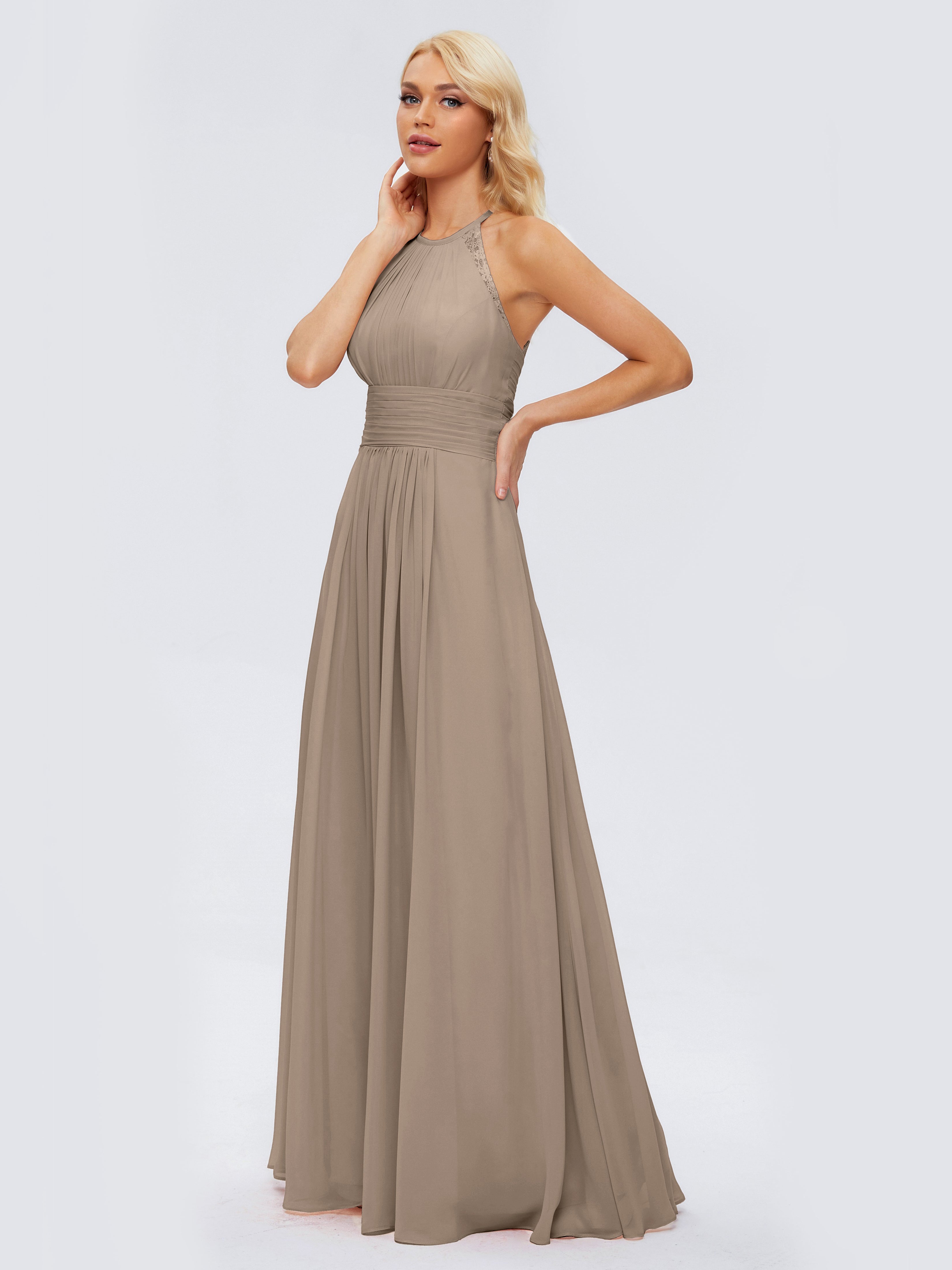 Robe Ceremonie Taupe Trapèze Licou Dentelle Mousseline Robes Demoiselle D'Honneur
