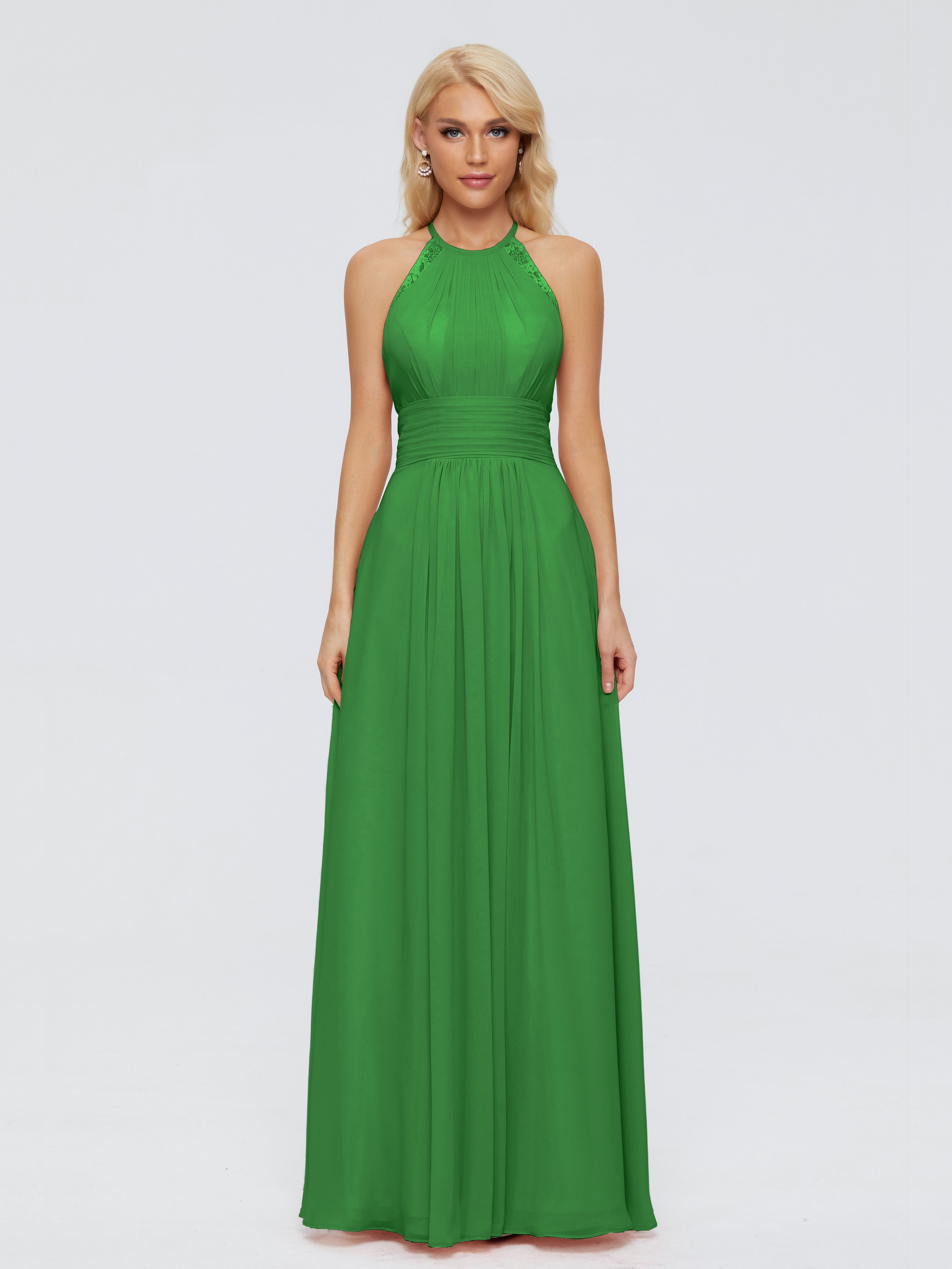 Robes De Demoiselle D'Honneur Vert Forêt Trapèze Licou Dentelle Mousseline Robes Demoiselle D'Honneur