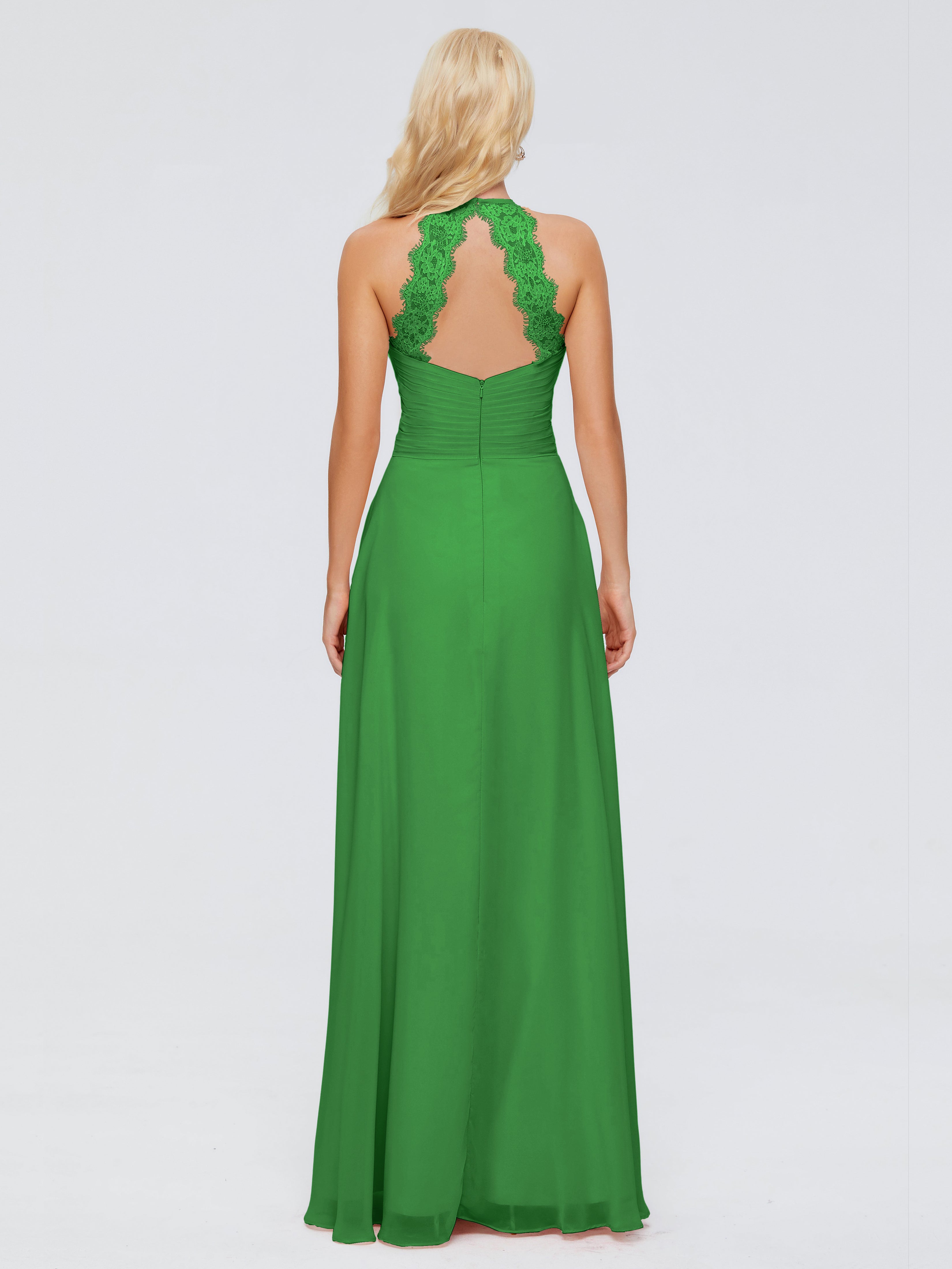 Robes De Demoiselle D'Honneur Vert Forêt Trapèze Licou Dentelle Mousseline Robes Demoiselle D'Honneur