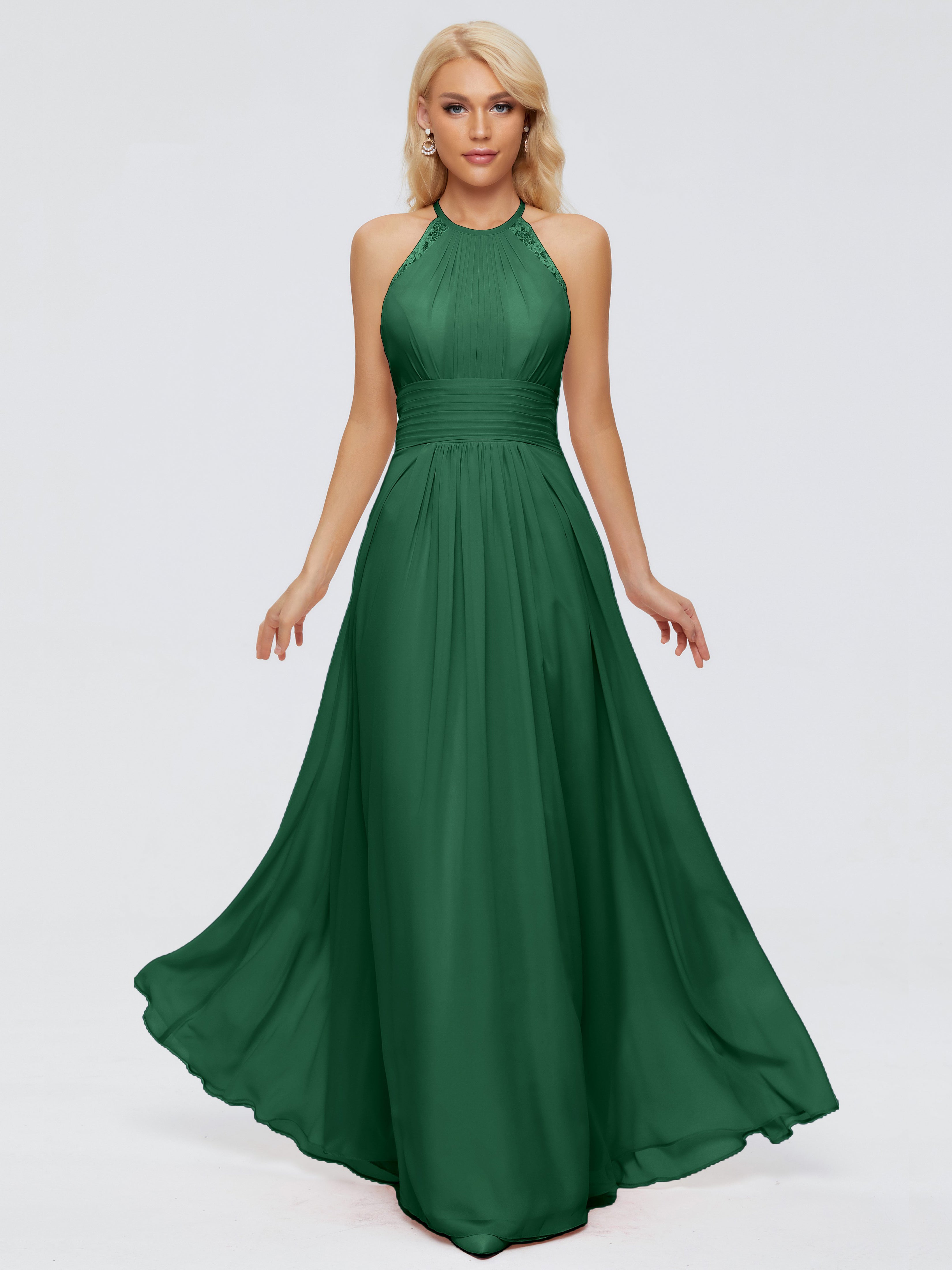 Robes De Demoiselle D'Honneur Vert Foncé Trapèze Licou Dentelle Mousseline Robes Demoiselle D'Honneur