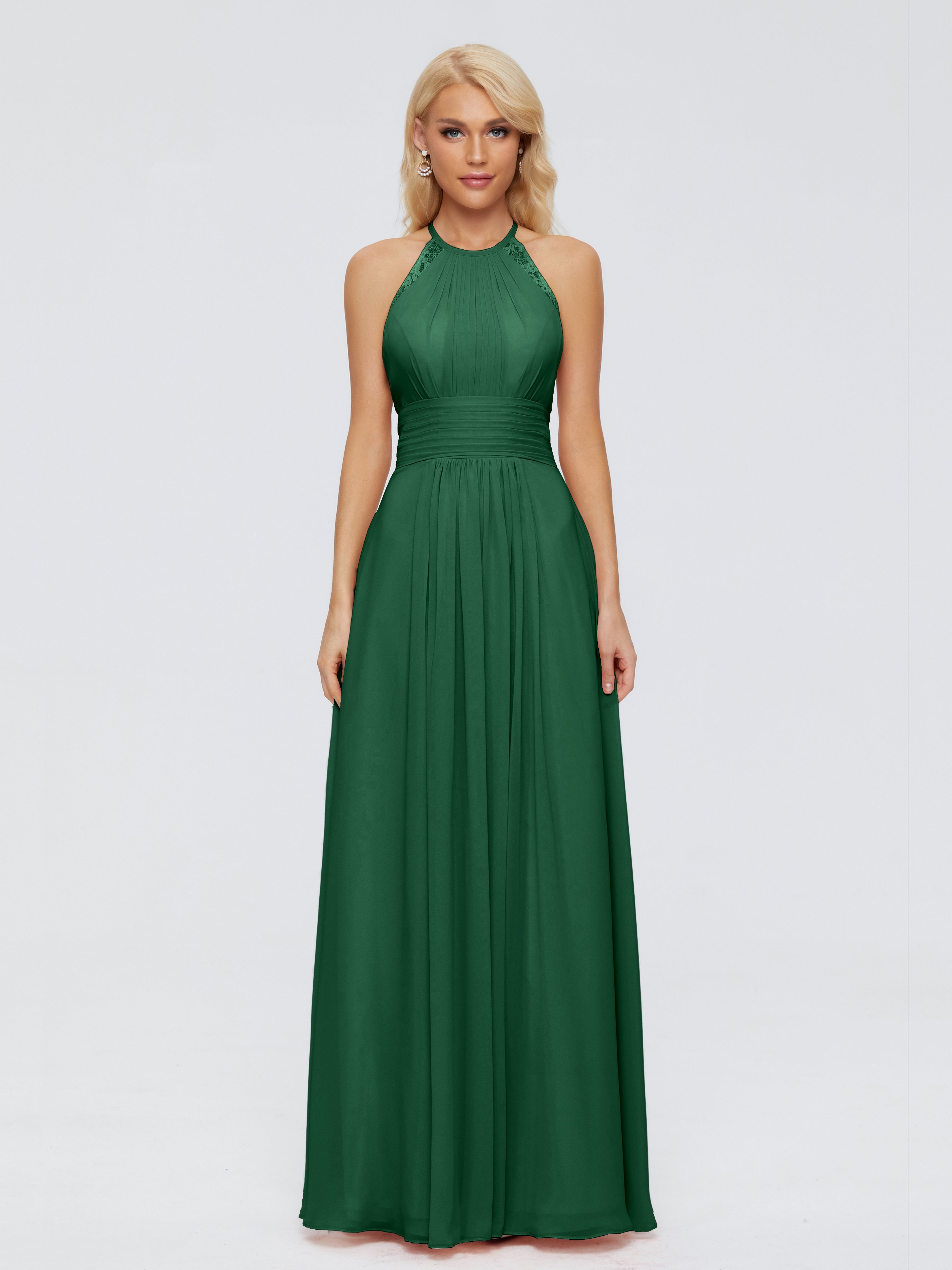 Robes De Demoiselle D'Honneur Vert Foncé Trapèze Licou Dentelle Mousseline Robes Demoiselle D'Honneur