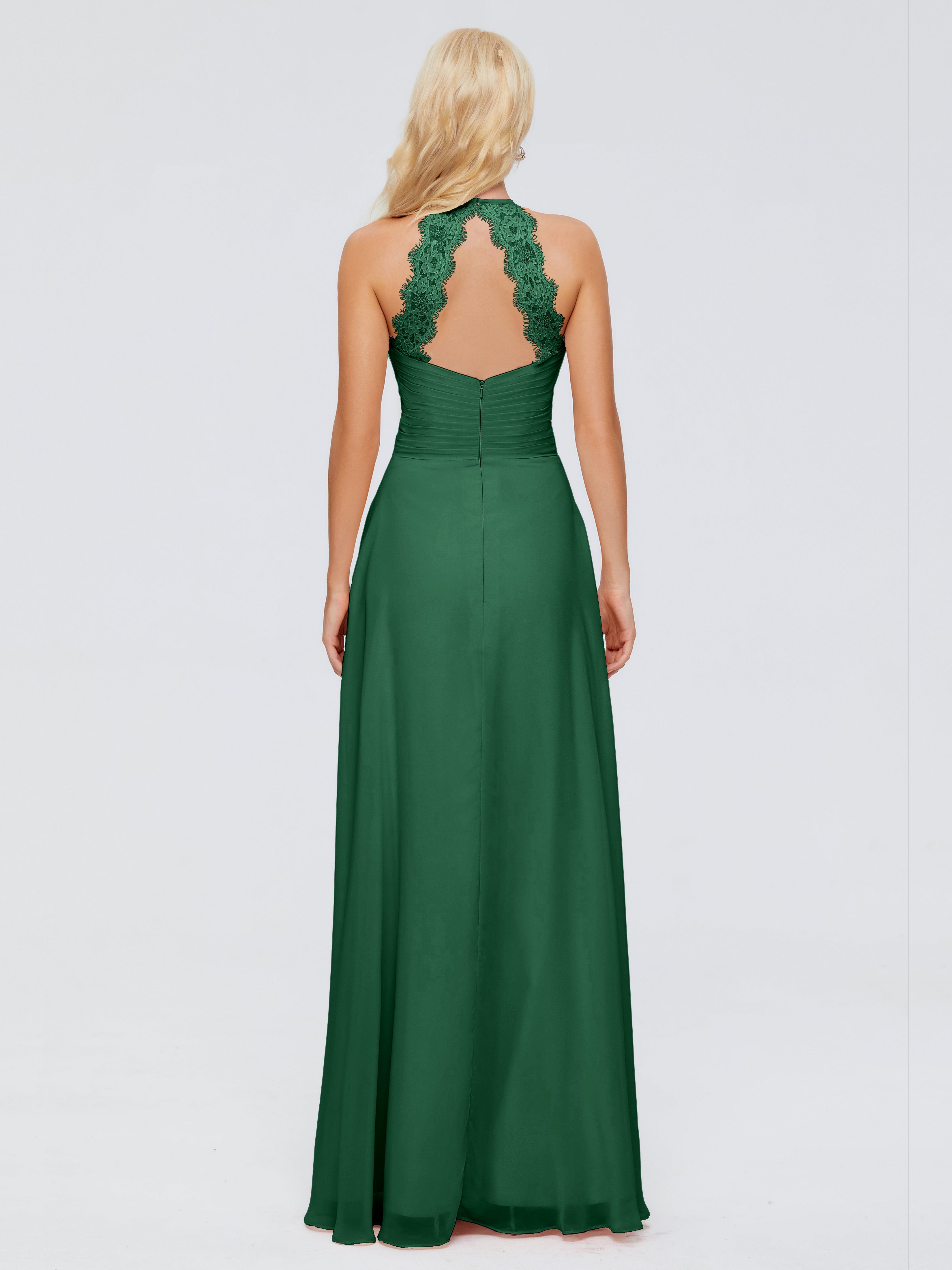 Robes De Demoiselle D'Honneur Vert Foncé Trapèze Licou Dentelle Mousseline Robes Demoiselle D'Honneur