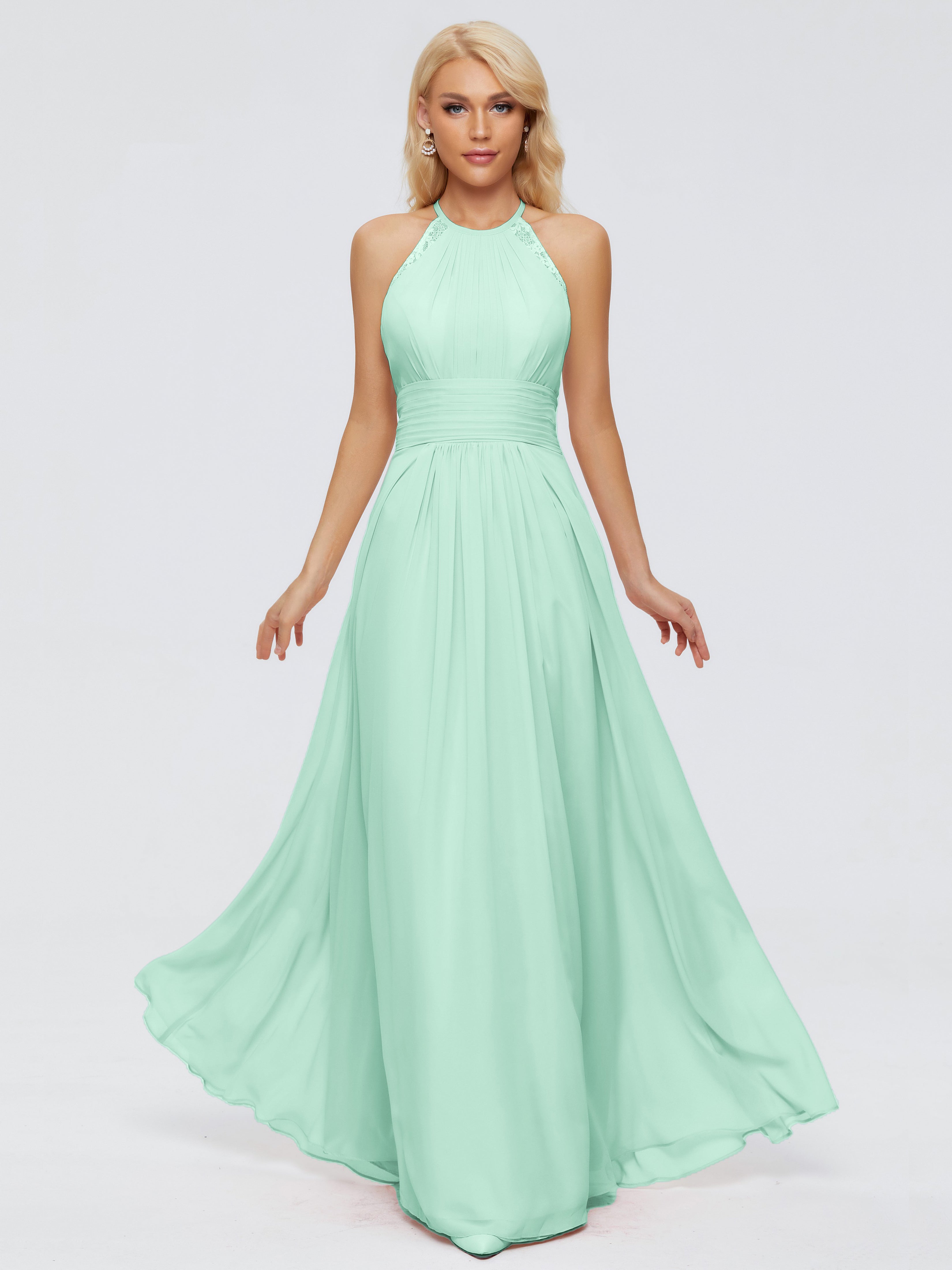 Robes De Demoiselle D'Honneur Vert Menthe Trapèze Licou Dentelle Mousseline Robes Demoiselle D'Honneur