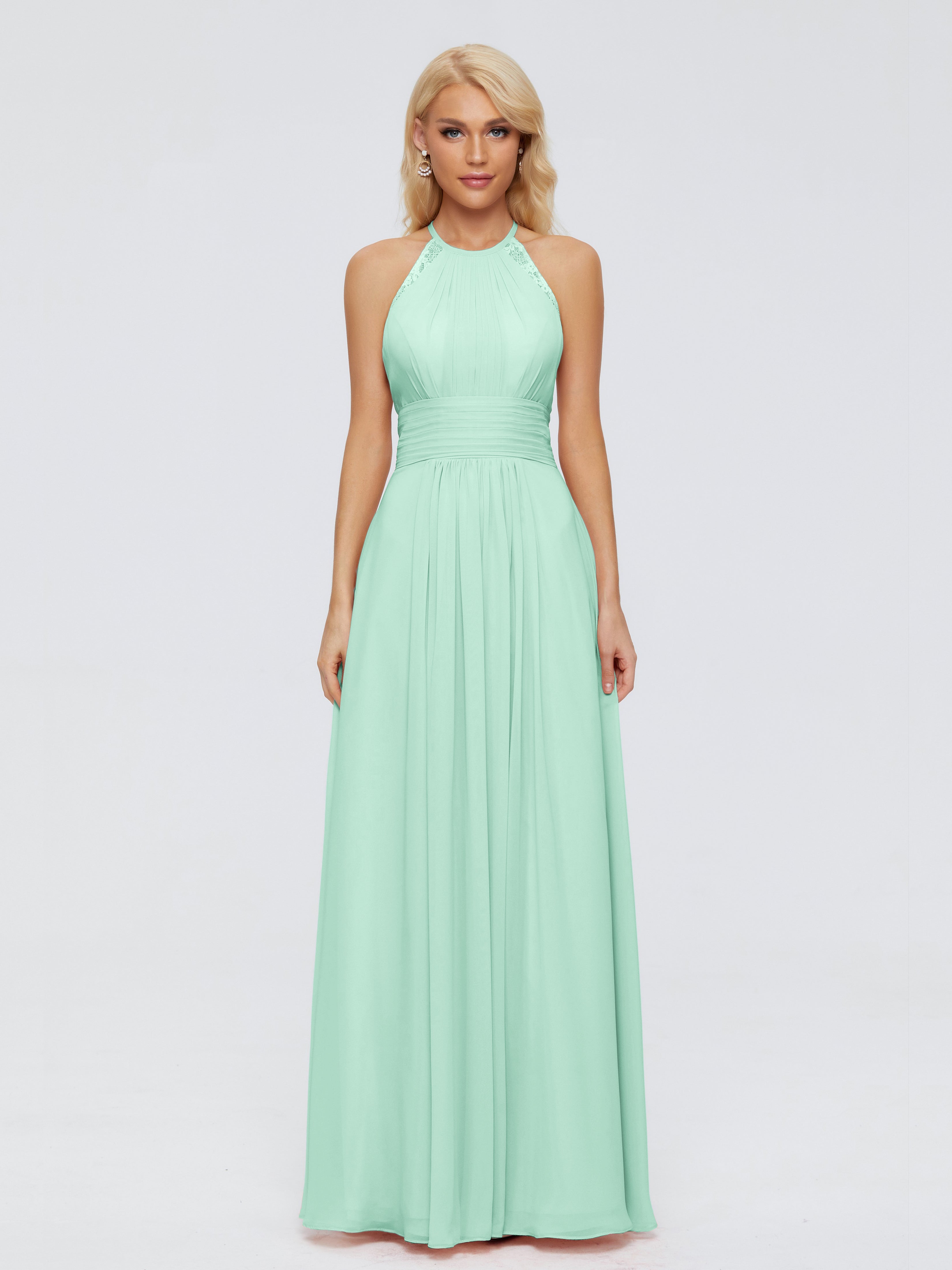Robes De Demoiselle D'Honneur Vert Menthe Trapèze Licou Dentelle Mousseline Robes Demoiselle D'Honneur