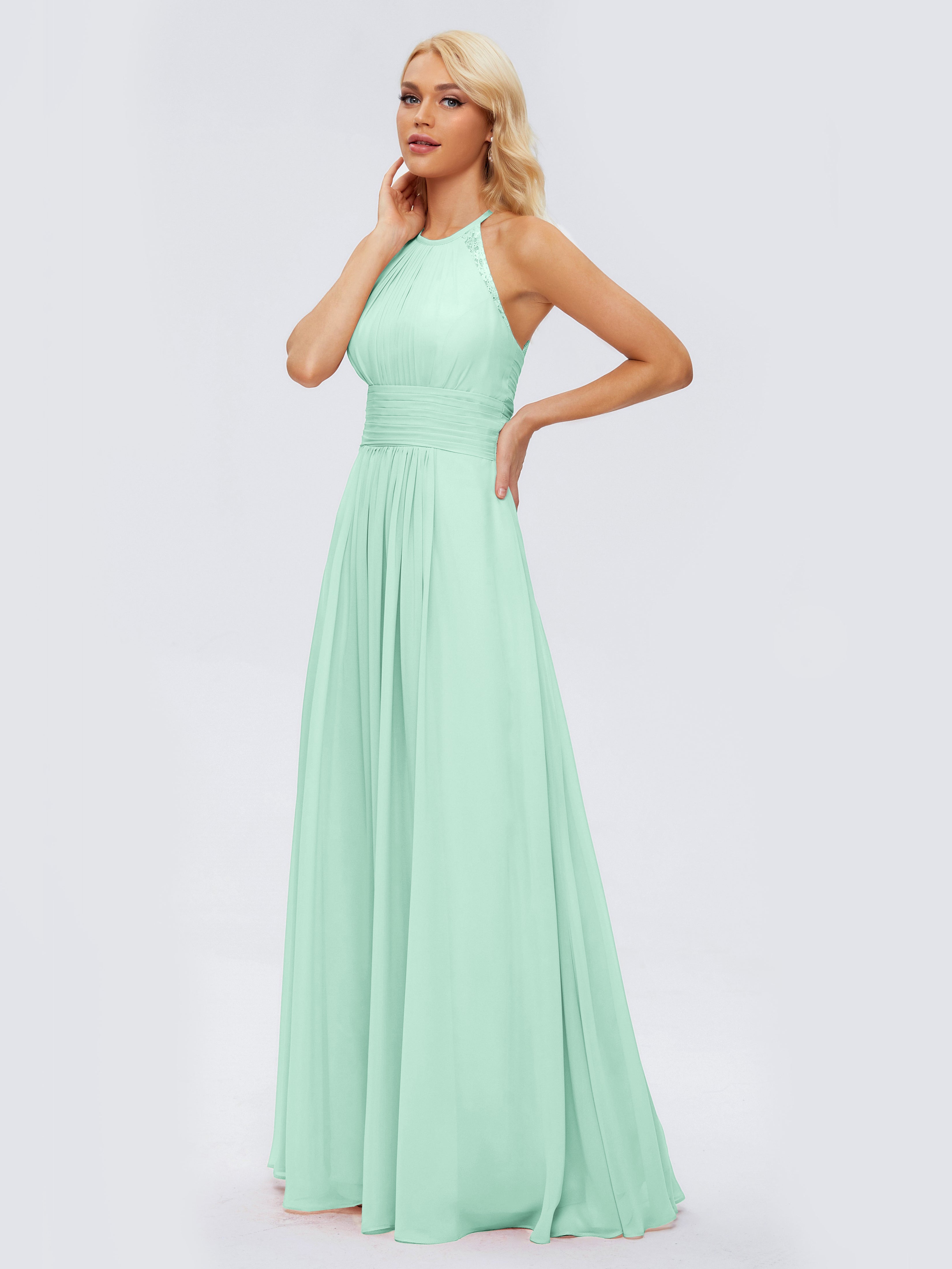 Robes De Demoiselle D'Honneur Vert Menthe Trapèze Licou Dentelle Mousseline Robes Demoiselle D'Honneur