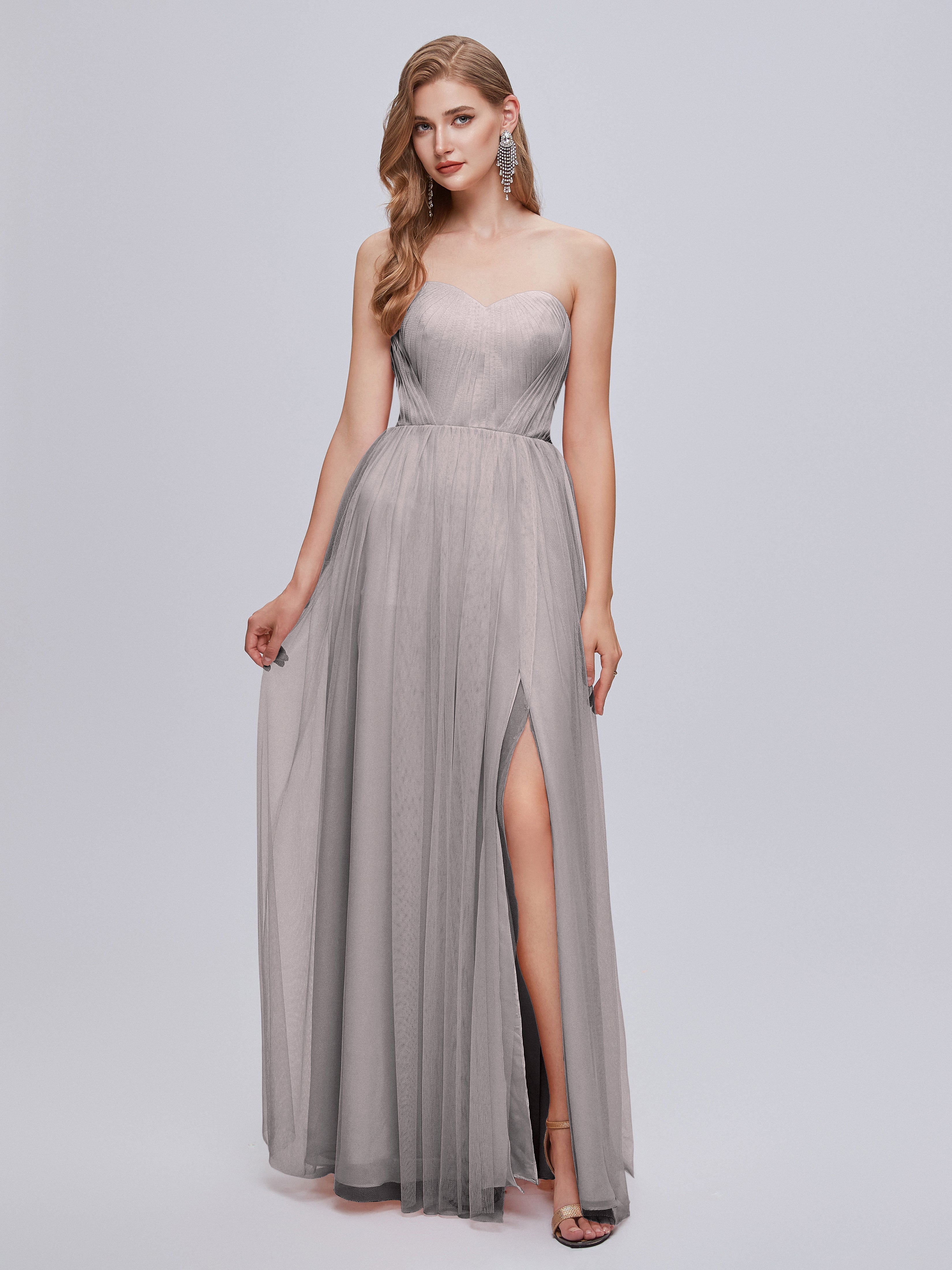 Robes De Demoiselle D'Honneur En Argent Convertible Fendue Tulle Robe De Demoiselle D'Honneur