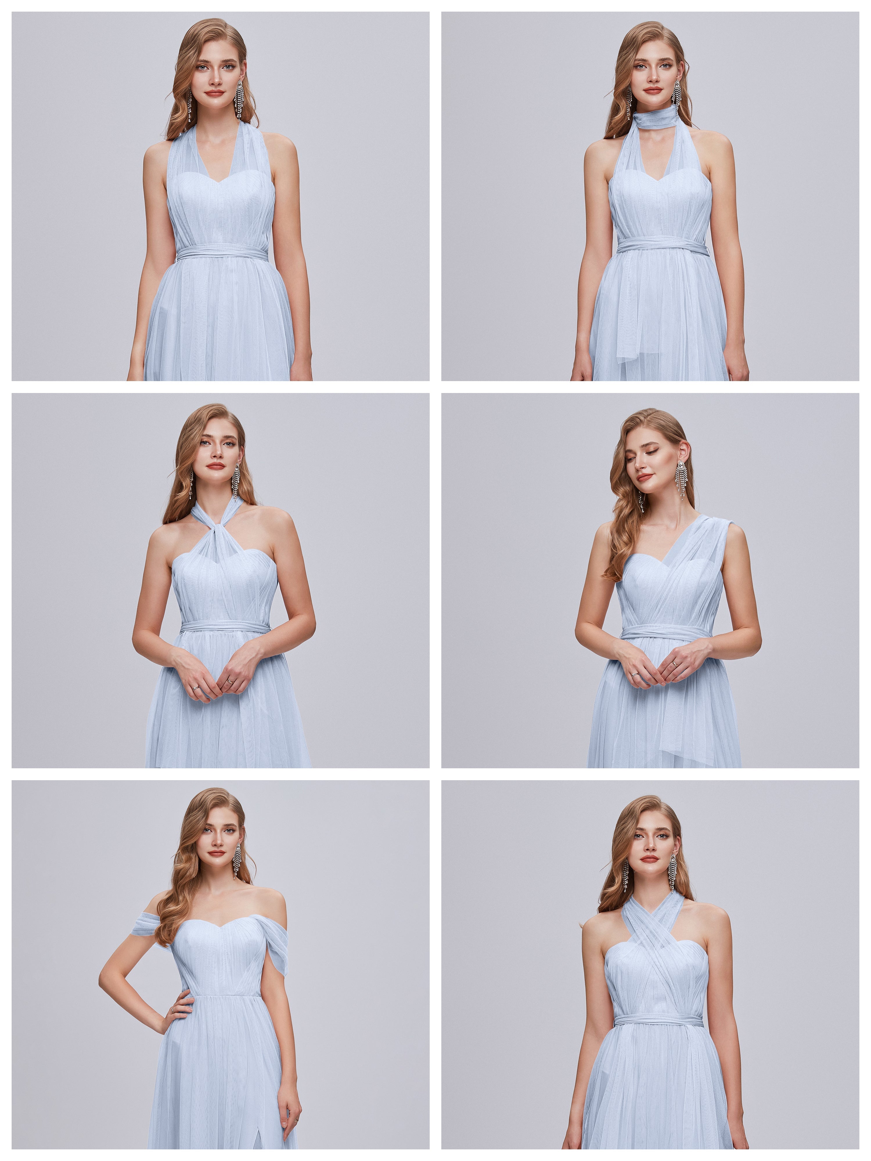 Demoiselle D Honneur Bleu Ciel Convertible Fendue Tulle Robe De Demoiselle D'Honneur