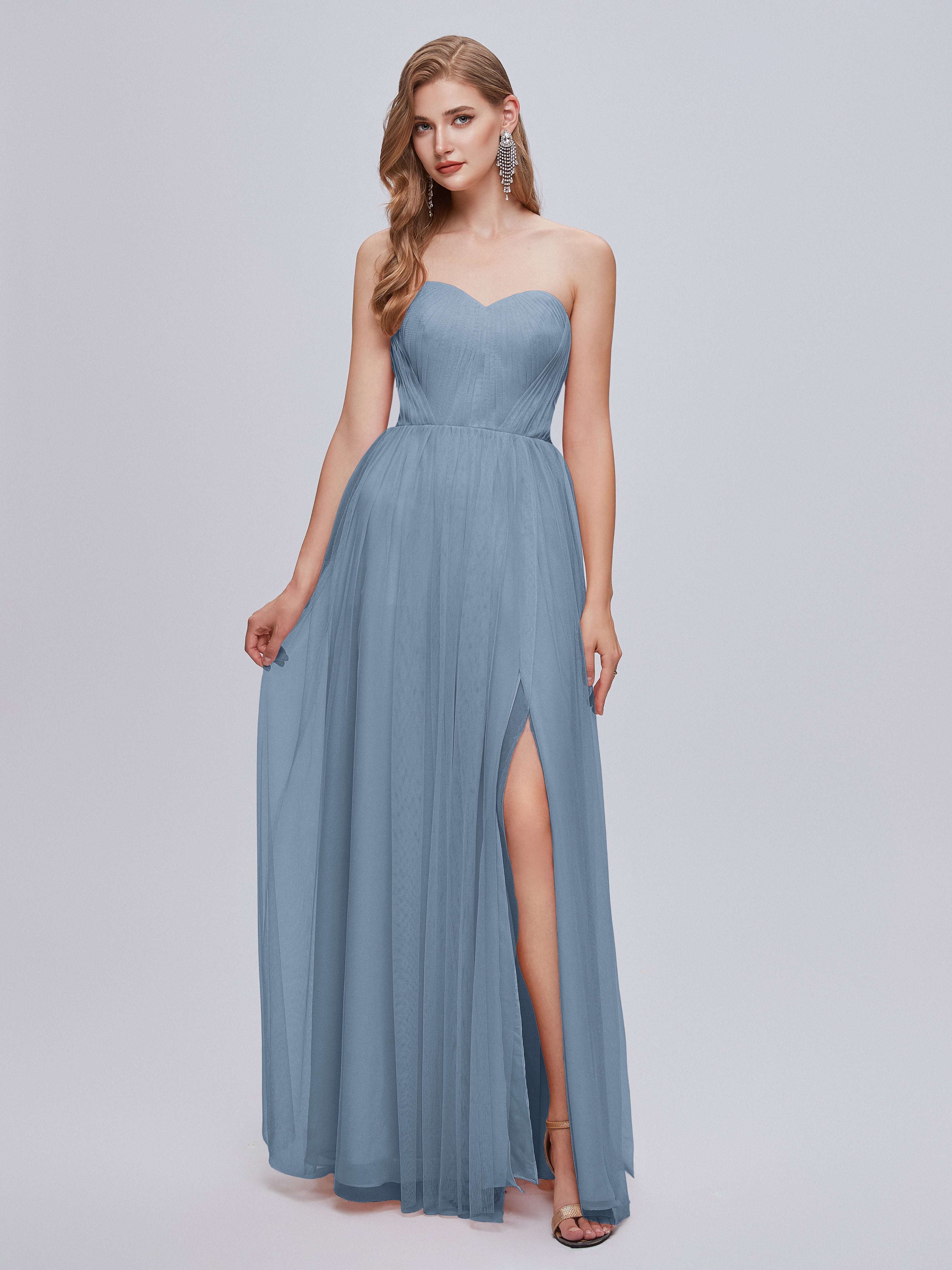 Robes De Demoiselle D'Honneur Bleu De Schiste Convertible Fendue Tulle Robe De Demoiselle D'Honneur