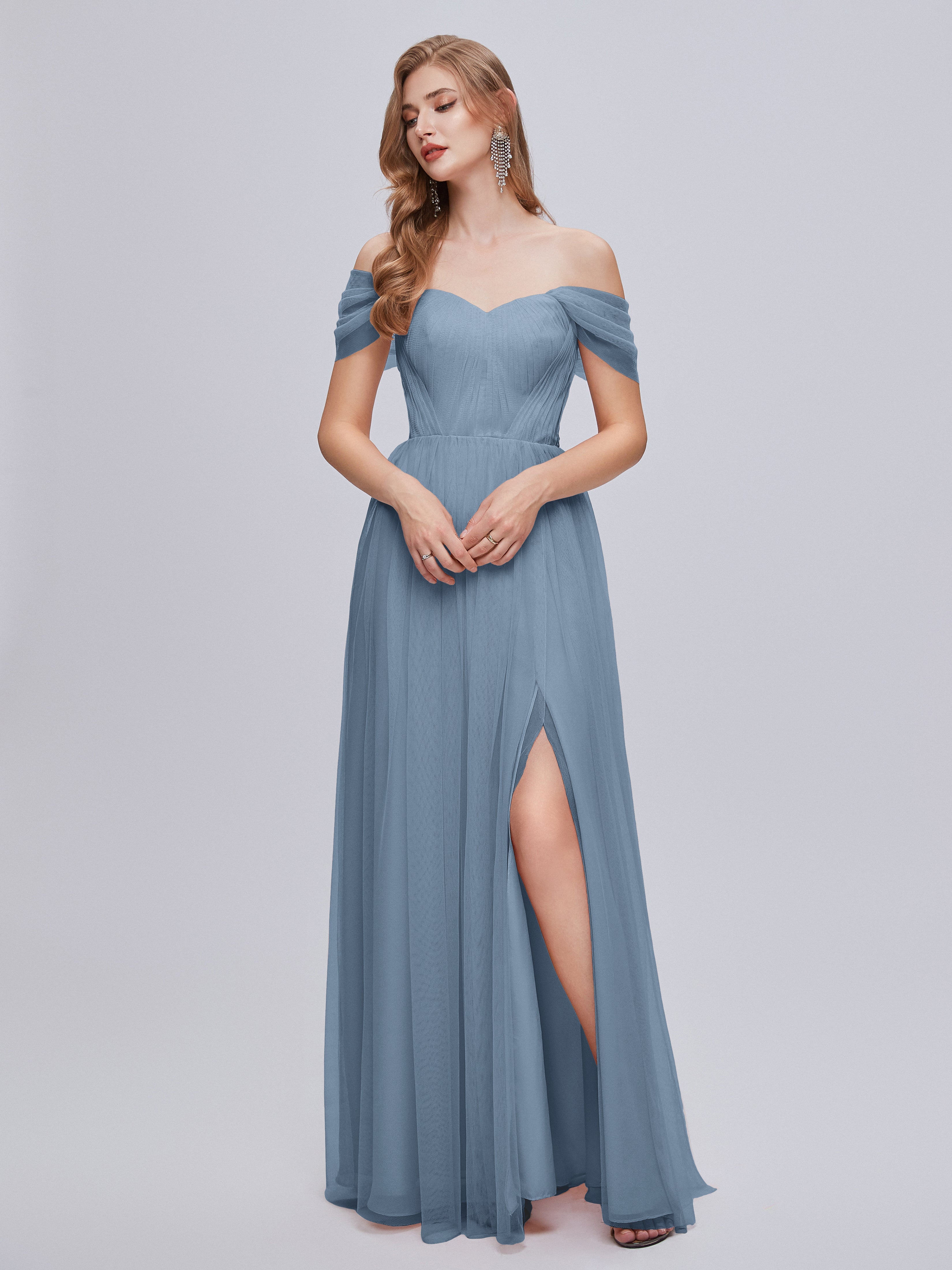 Robes De Demoiselle D'Honneur Bleu De Schiste Convertible Fendue Tulle Robe De Demoiselle D'Honneur