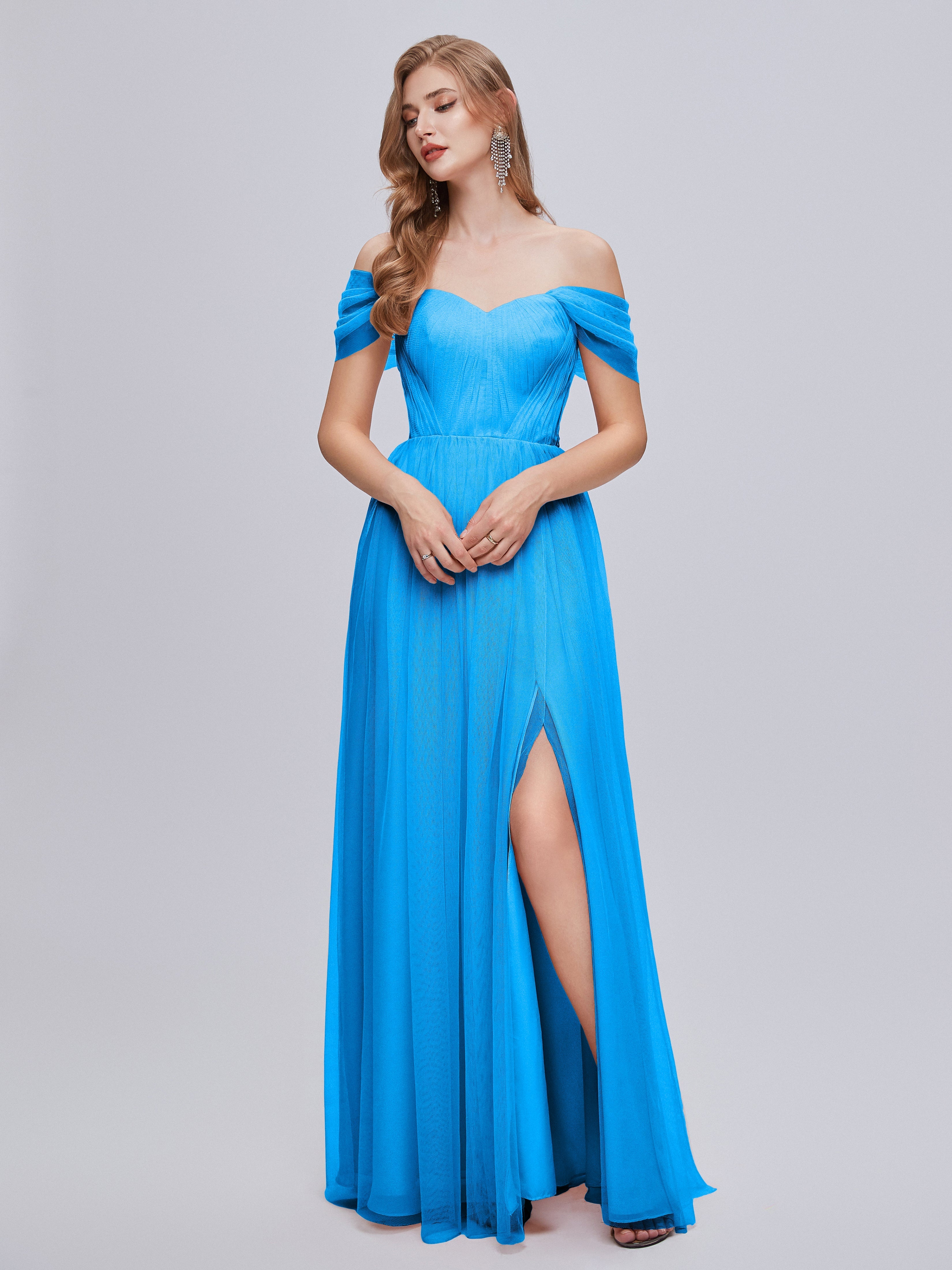 Robes De Demoiselle D'Honneur Bleu Océan Convertible Fendue Tulle Robe De Demoiselle D'Honneur