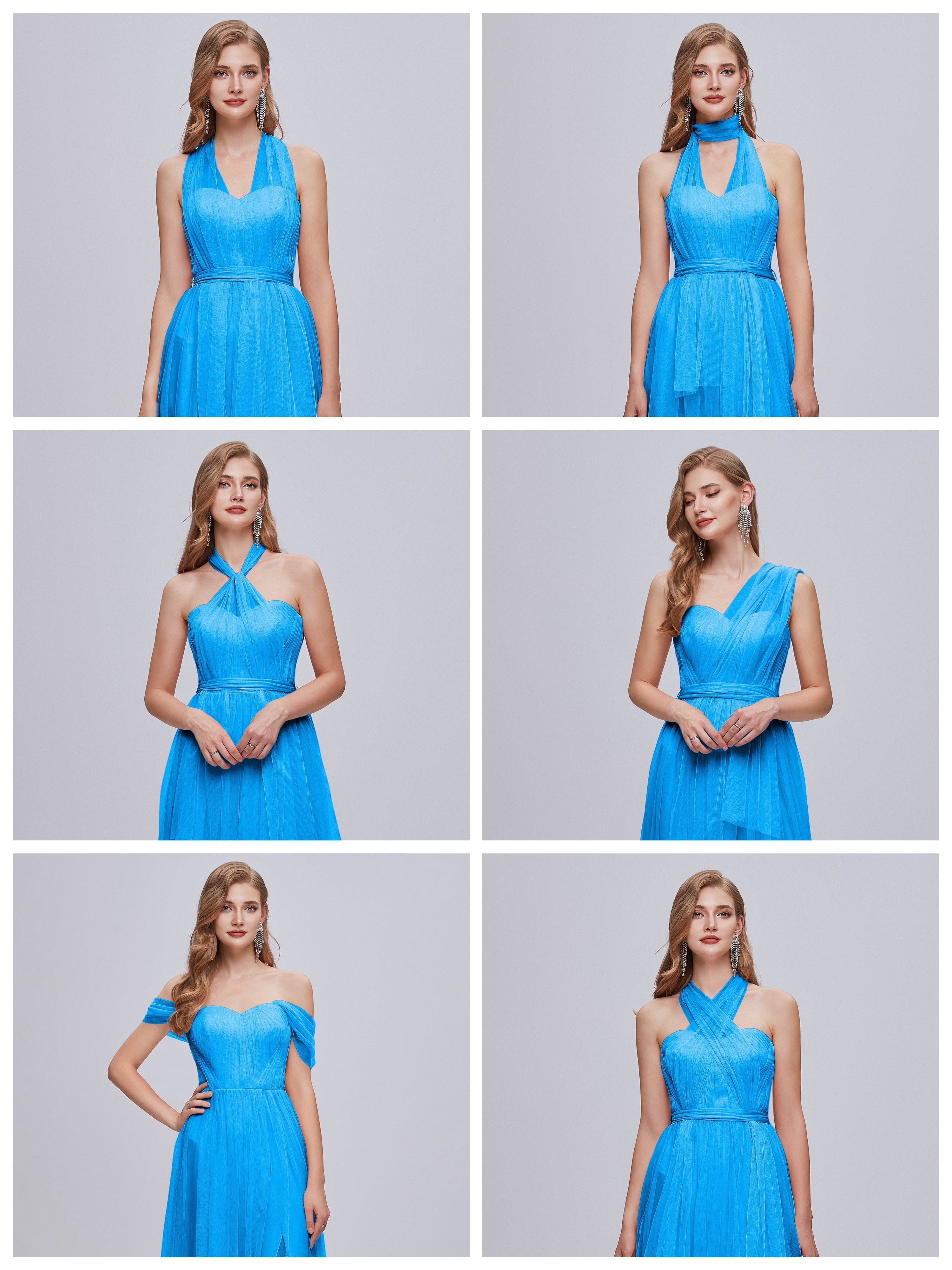 Robes De Demoiselle D'Honneur Bleu Océan Convertible Fendue Tulle Robe De Demoiselle D'Honneur