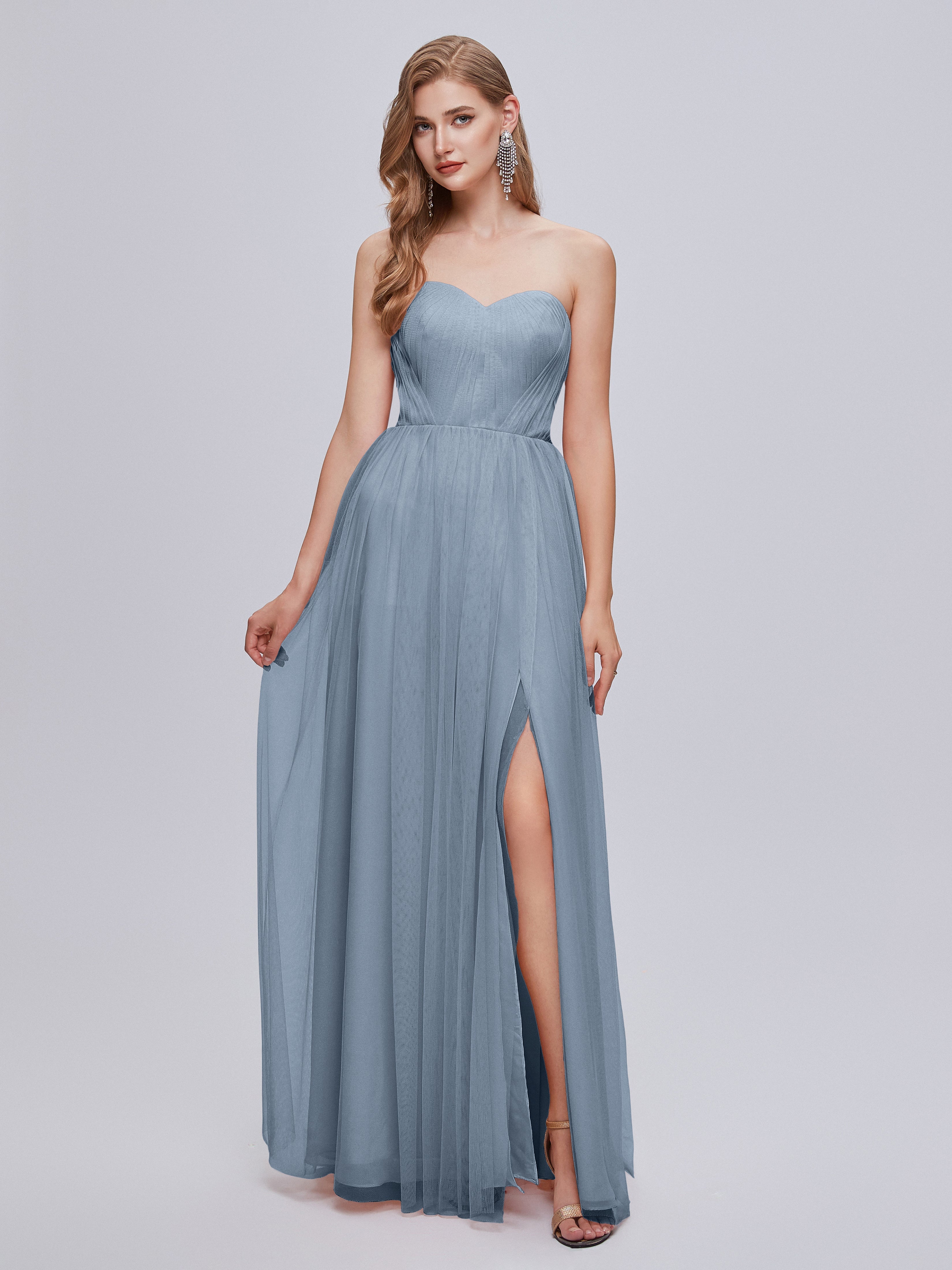 Robe Demoiselle D Honneur Bleu Poussiereux Convertible Fendue Tulle Robe De Demoiselle D'Honneur