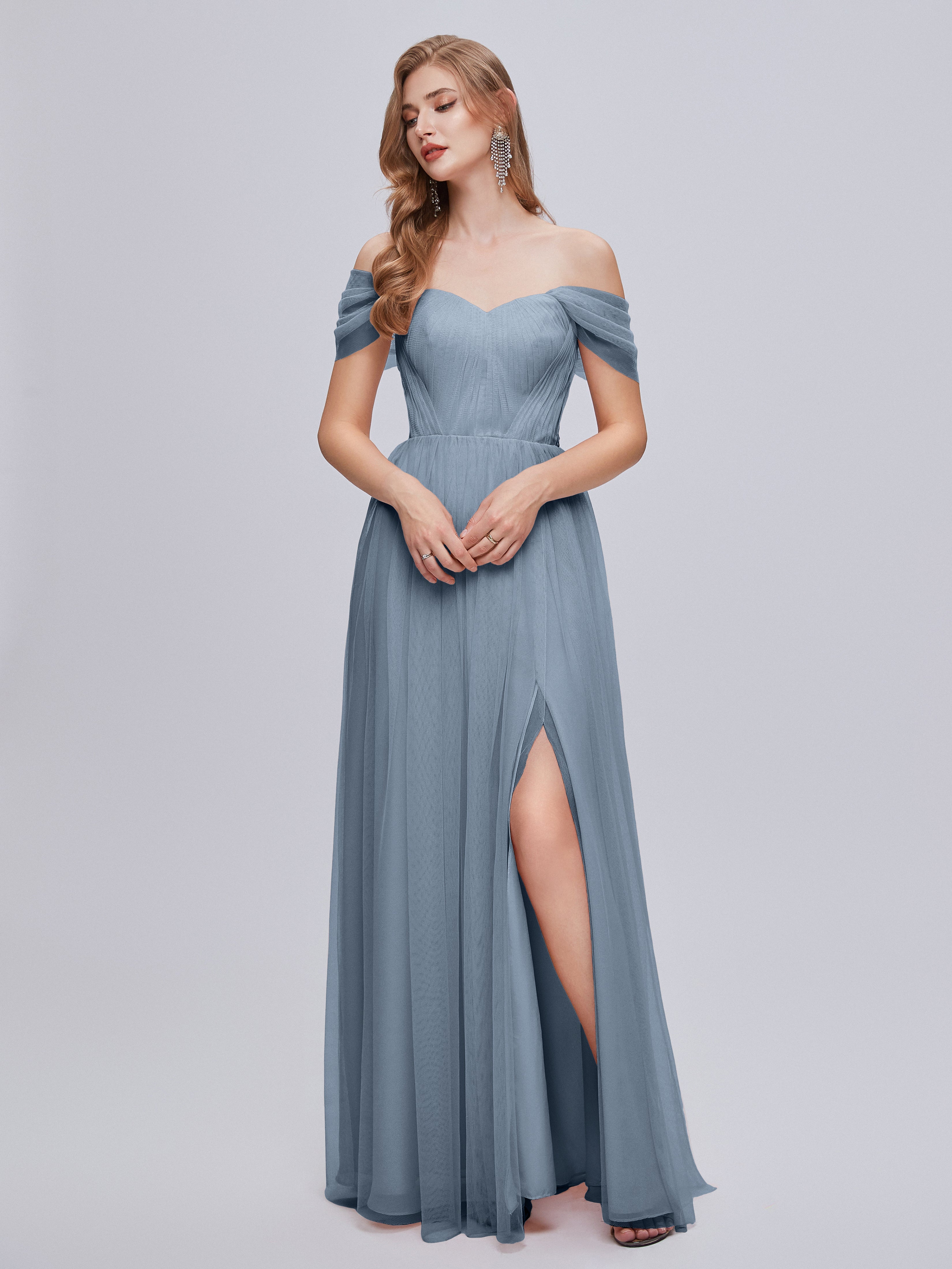 Robe Demoiselle D Honneur Bleu Poussiereux Convertible Fendue Tulle Robe De Demoiselle D'Honneur
