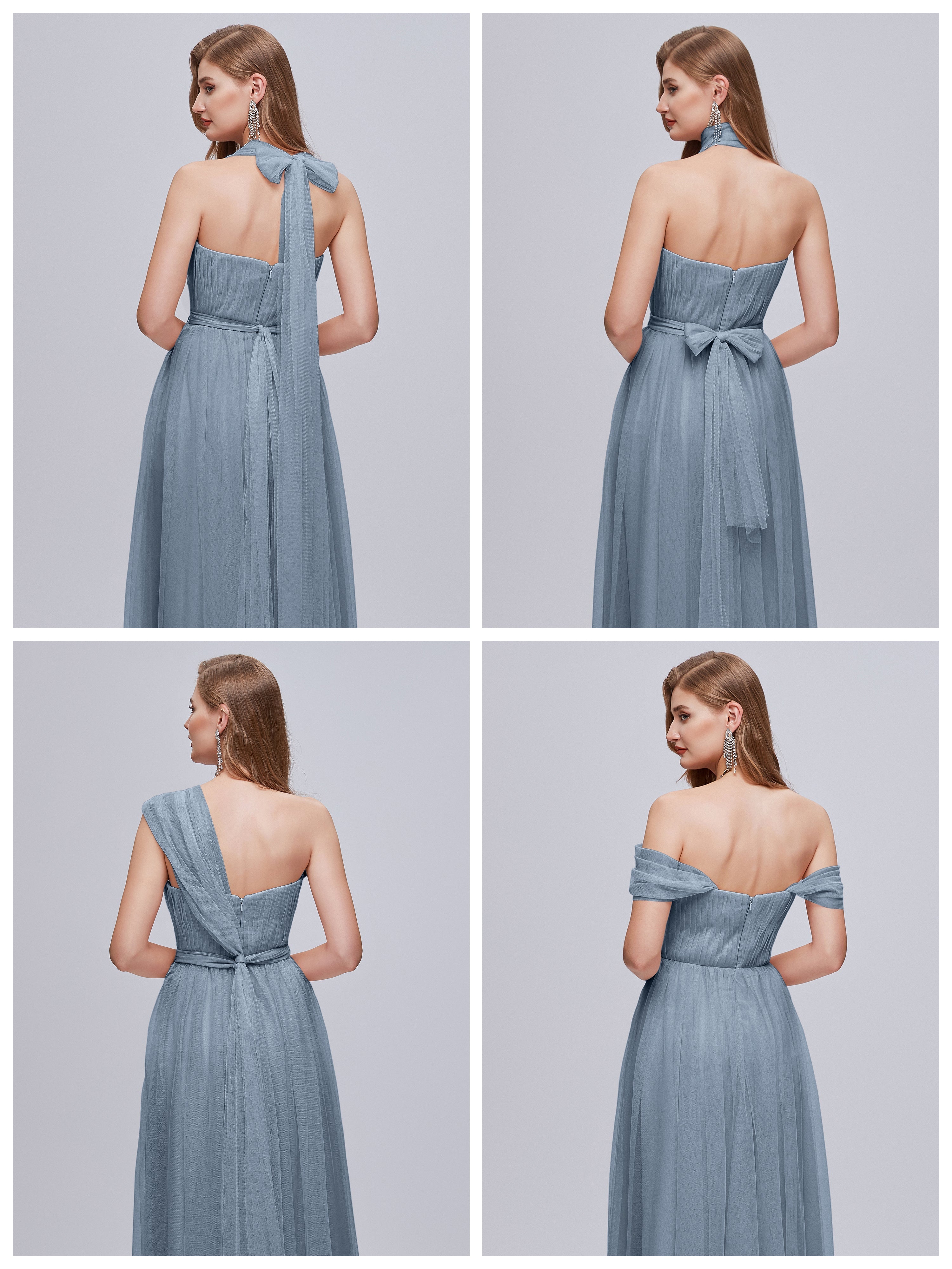 Robe Demoiselle D Honneur Bleu Poussiereux Convertible Fendue Tulle Robe De Demoiselle D'Honneur