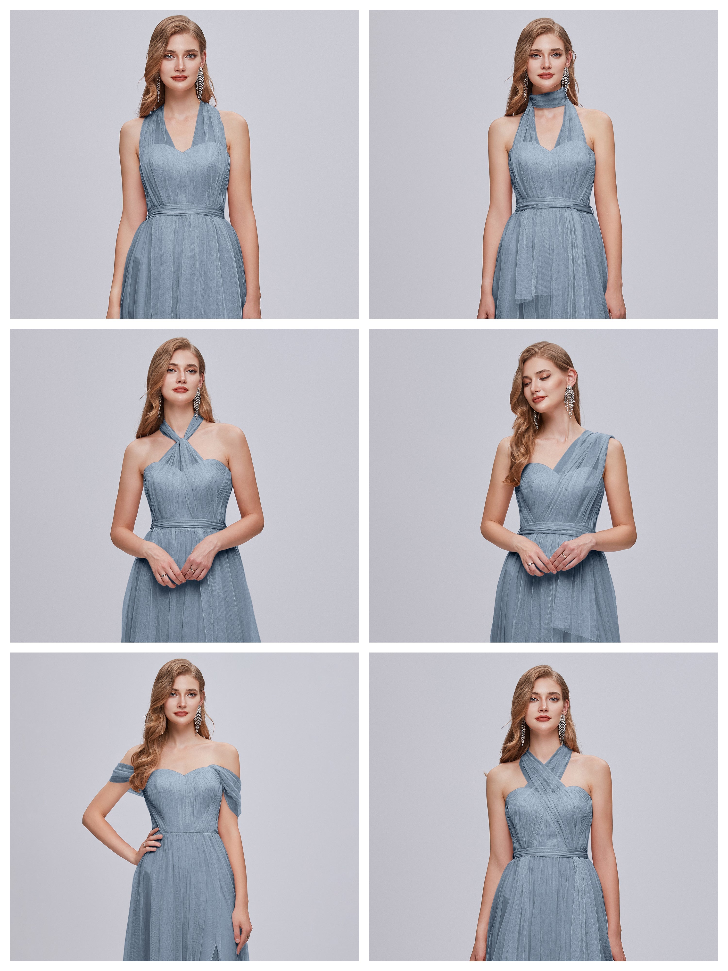 Robe Demoiselle D Honneur Bleu Poussiereux Convertible Fendue Tulle Robe De Demoiselle D'Honneur