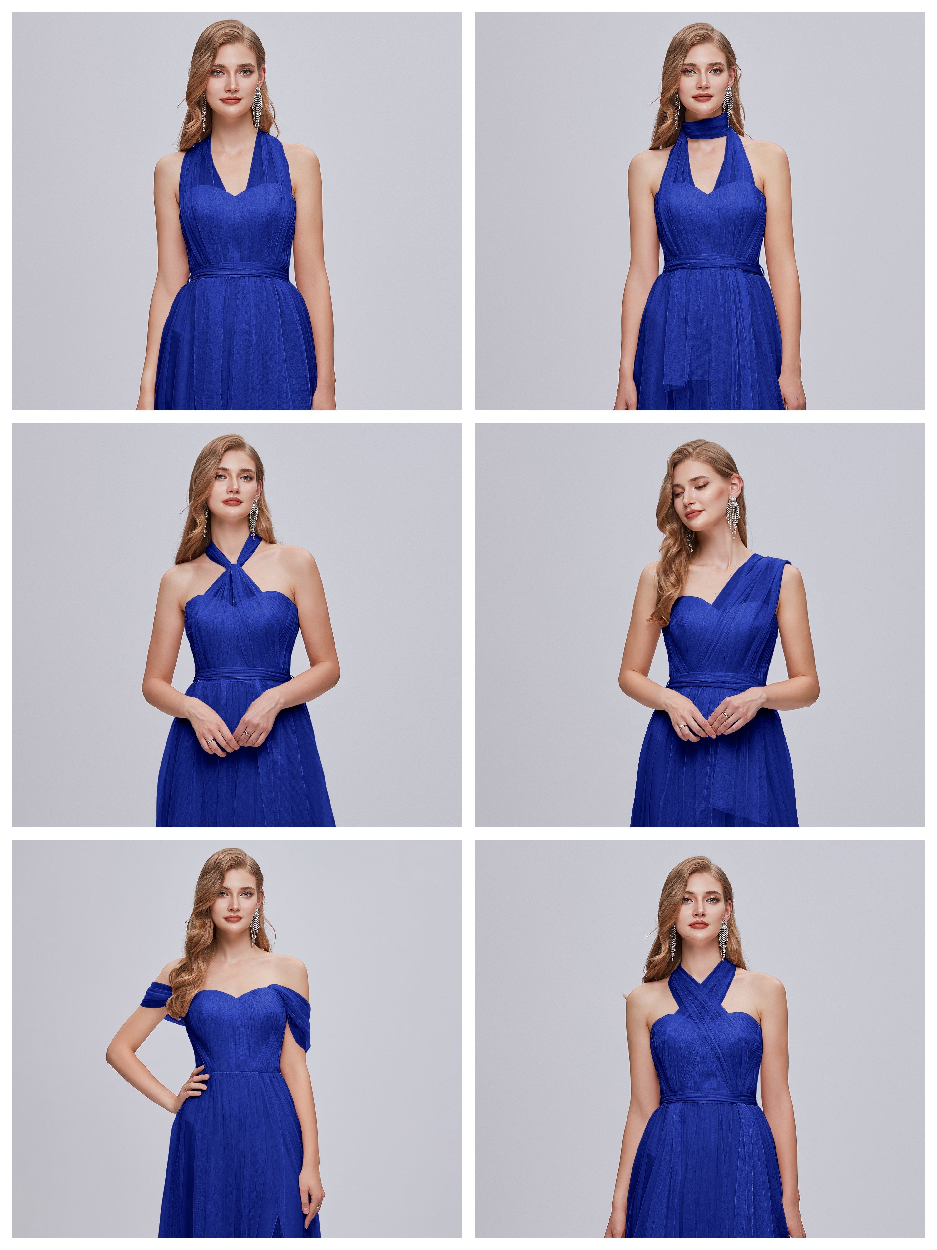 Robes De Demoiselle D'Honneur Bleu Royal Convertible Fendue Tulle Robe De Demoiselle D'Honneur