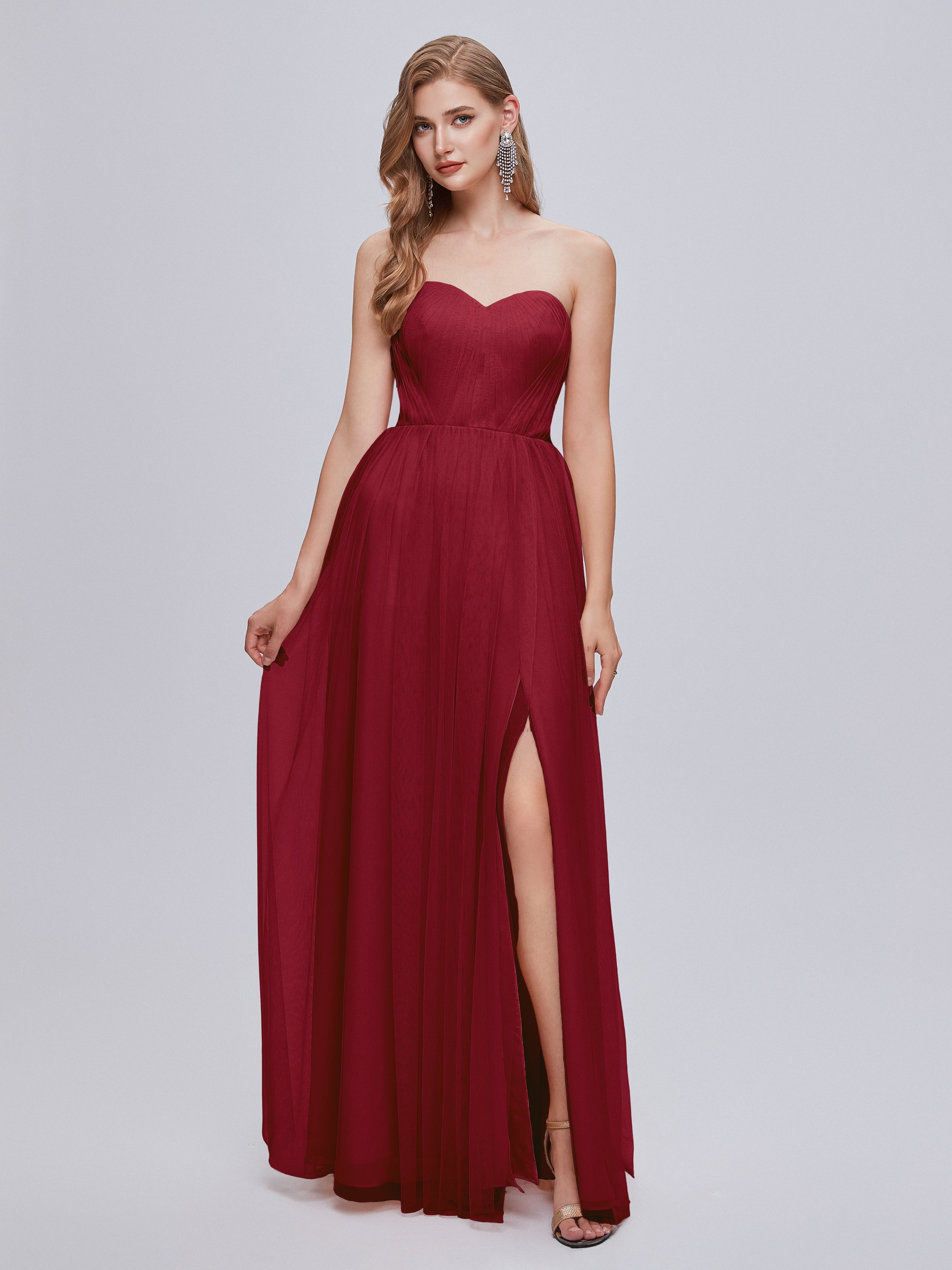 Robes De Demoiselle D'Honneur Bordeaux Longues Convertible Fendue Tulle Robe De Demoiselle D'Honneur