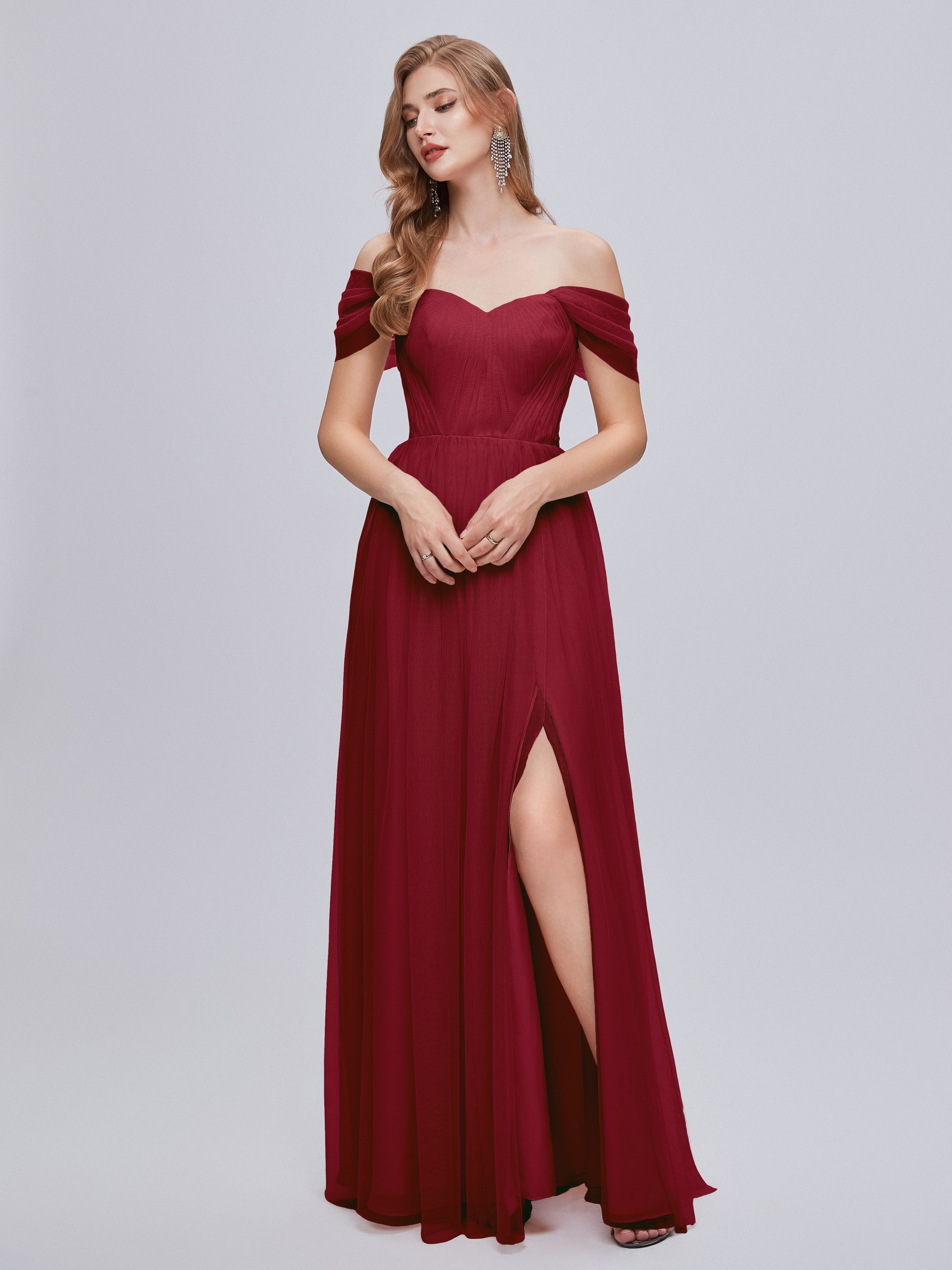 Robes De Demoiselle D'Honneur Bordeaux Longues Convertible Fendue Tulle Robe De Demoiselle D'Honneur