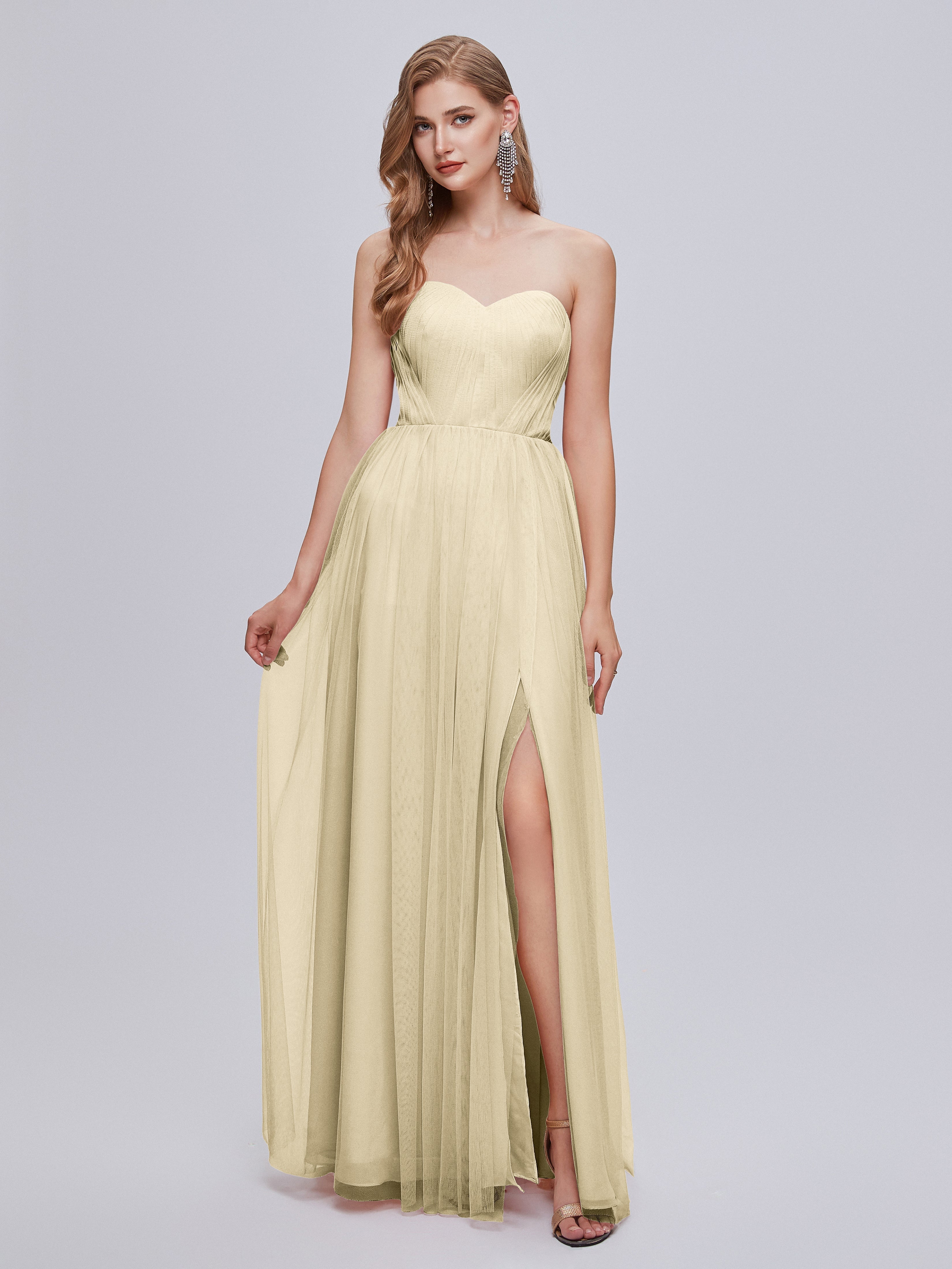 Robe Longue Demoiselle D Honneur Champagne Convertible Fendue Tulle Robe De Demoiselle D'Honneur