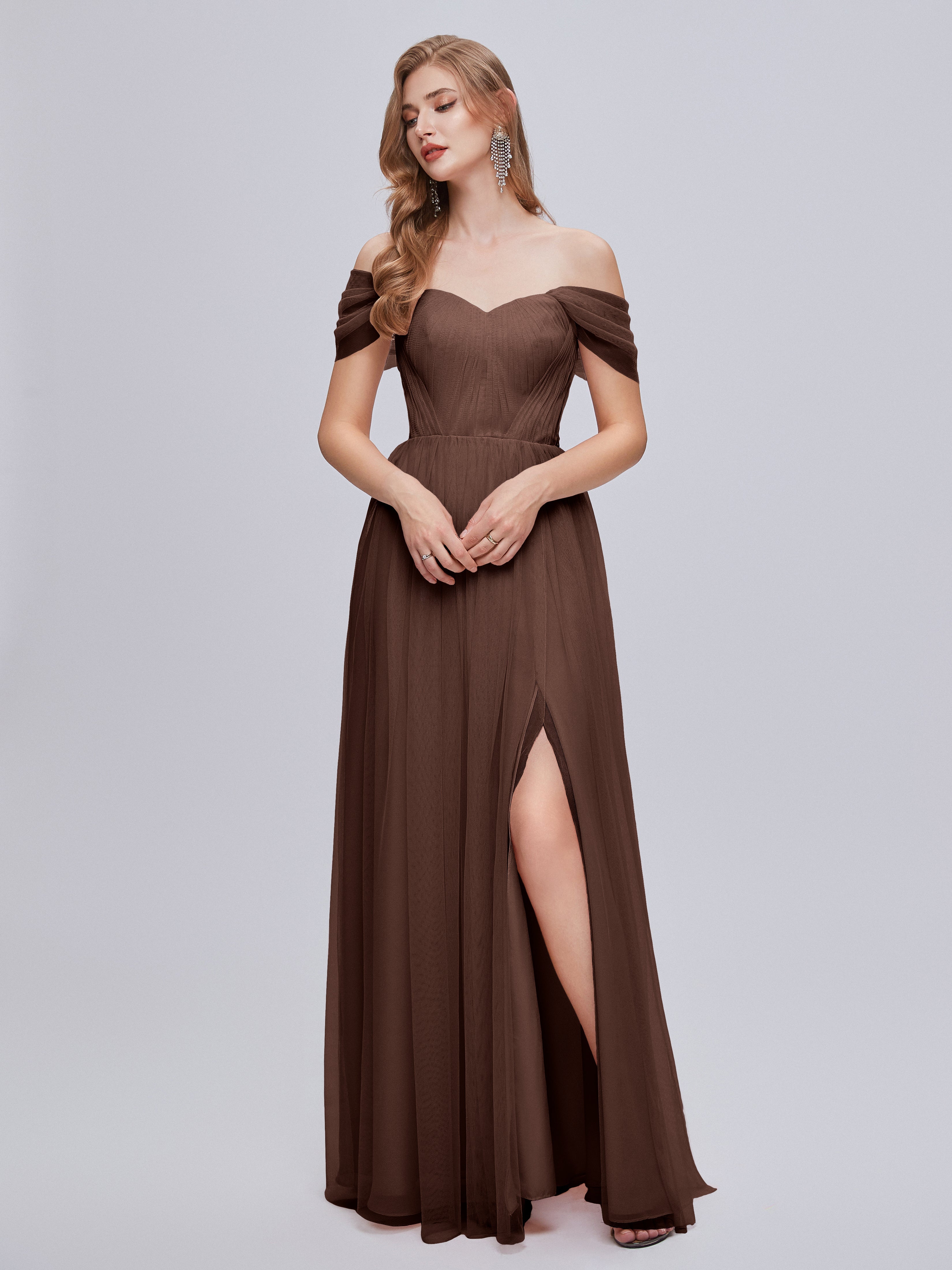 Robe De Demoiselle D Honneur Chocolat Convertible Fendue Tulle Robe De Demoiselle D'Honneur