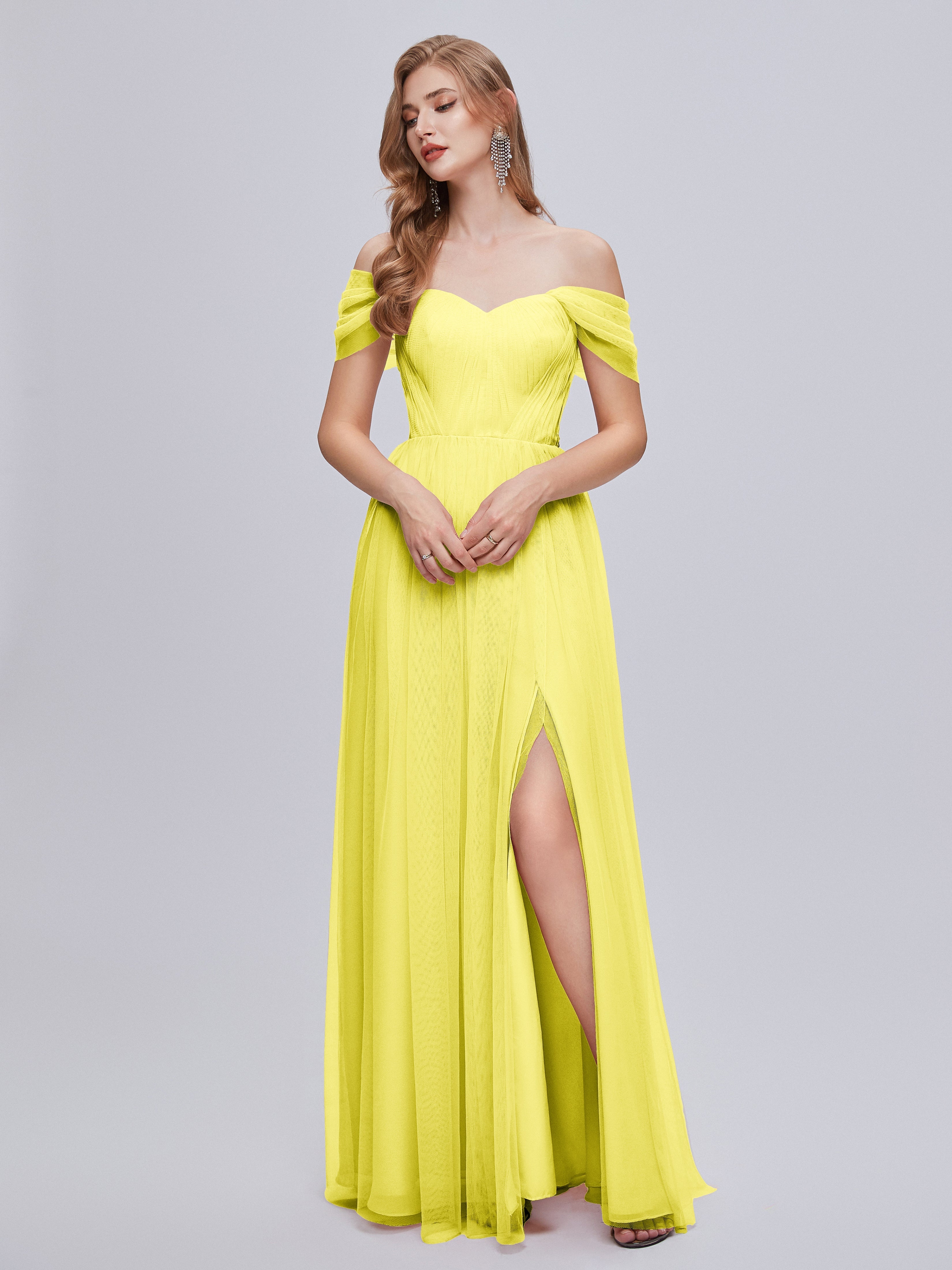 Robes De Demoiselle D'Honneur Citron Convertible Fendue Tulle Robe De Demoiselle D'Honneur