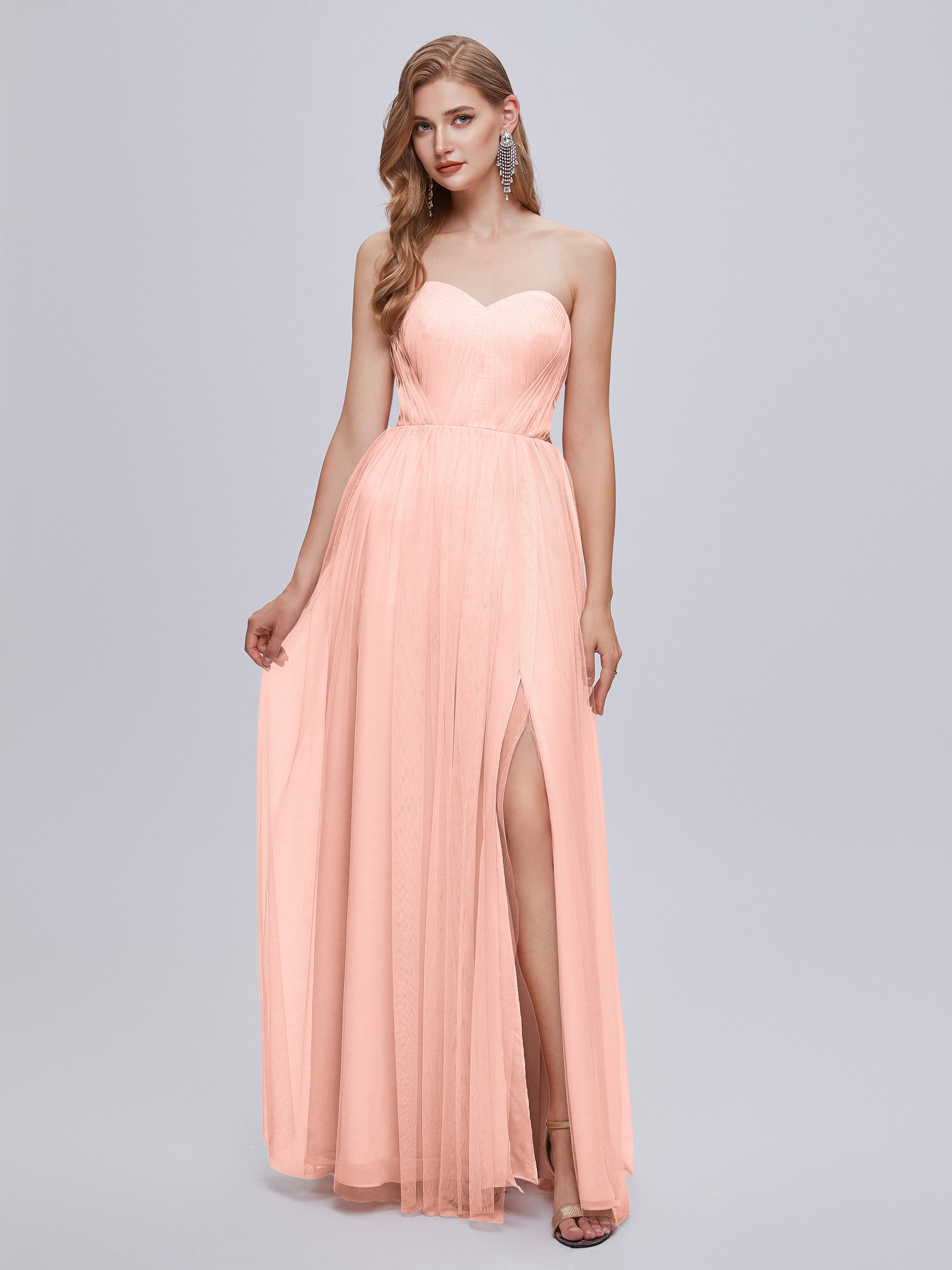 Corail Robe Demoiselle D Honneur Convertible Fendue Tulle Robe De Demoiselle D'Honneur