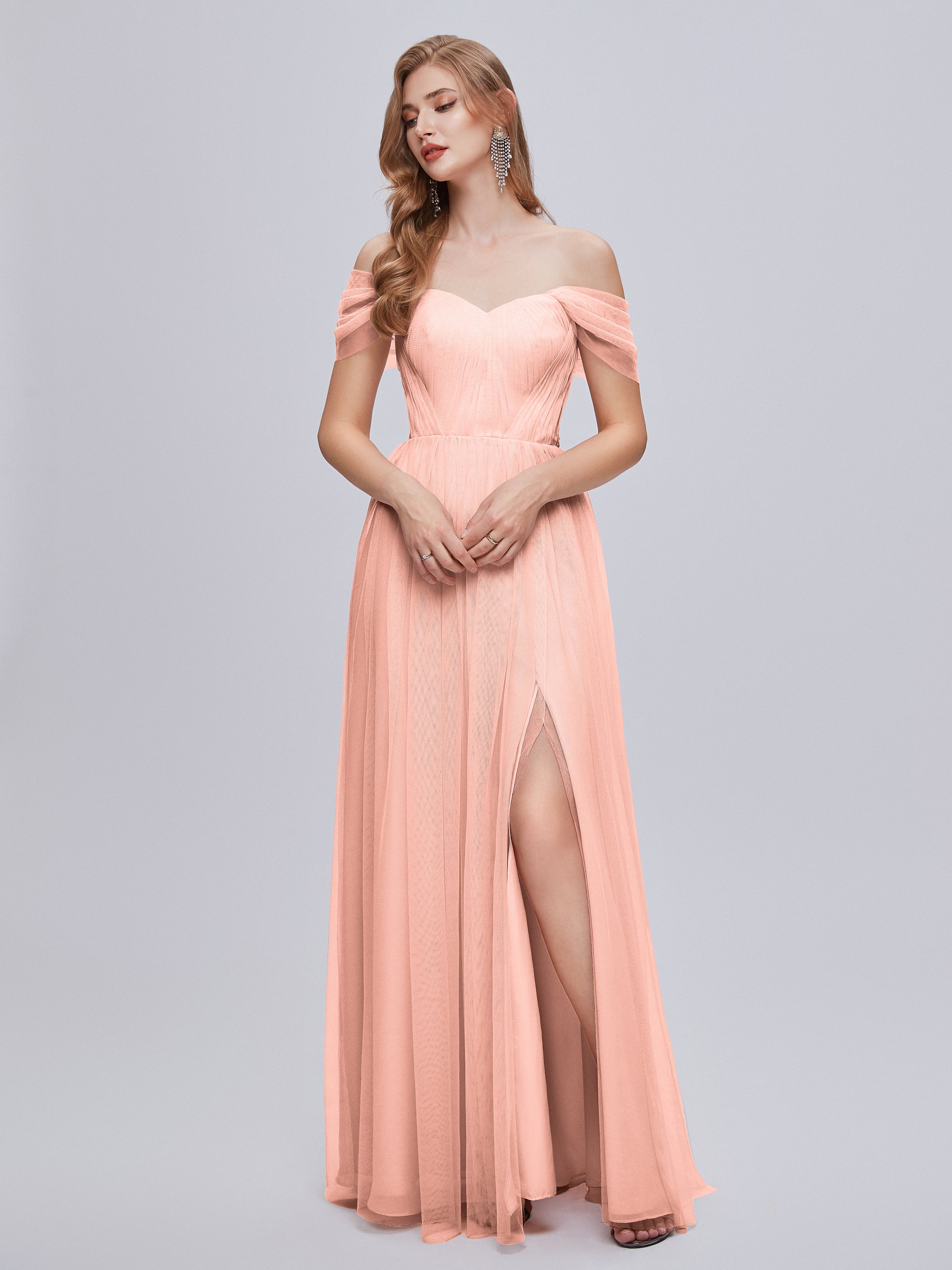 Corail Robe Demoiselle D Honneur Convertible Fendue Tulle Robe De Demoiselle D'Honneur