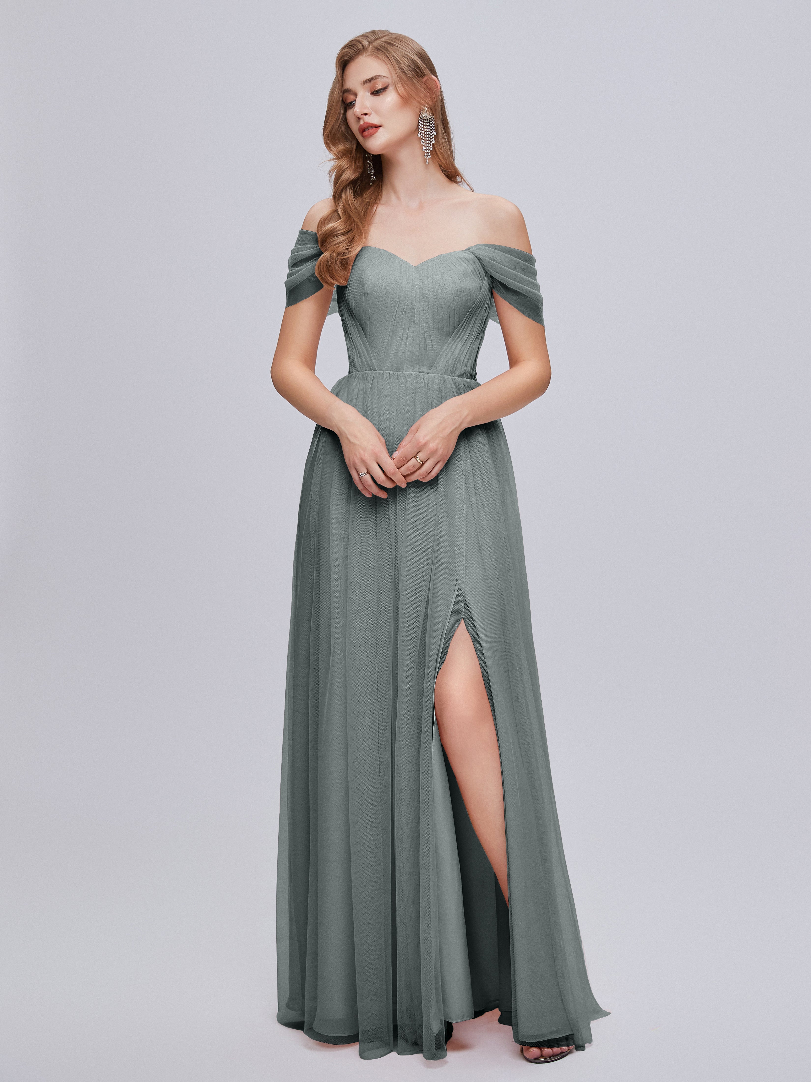 Demoiselle D Honneur Gris Convertible Fendue Tulle Robe De Demoiselle D'Honneur