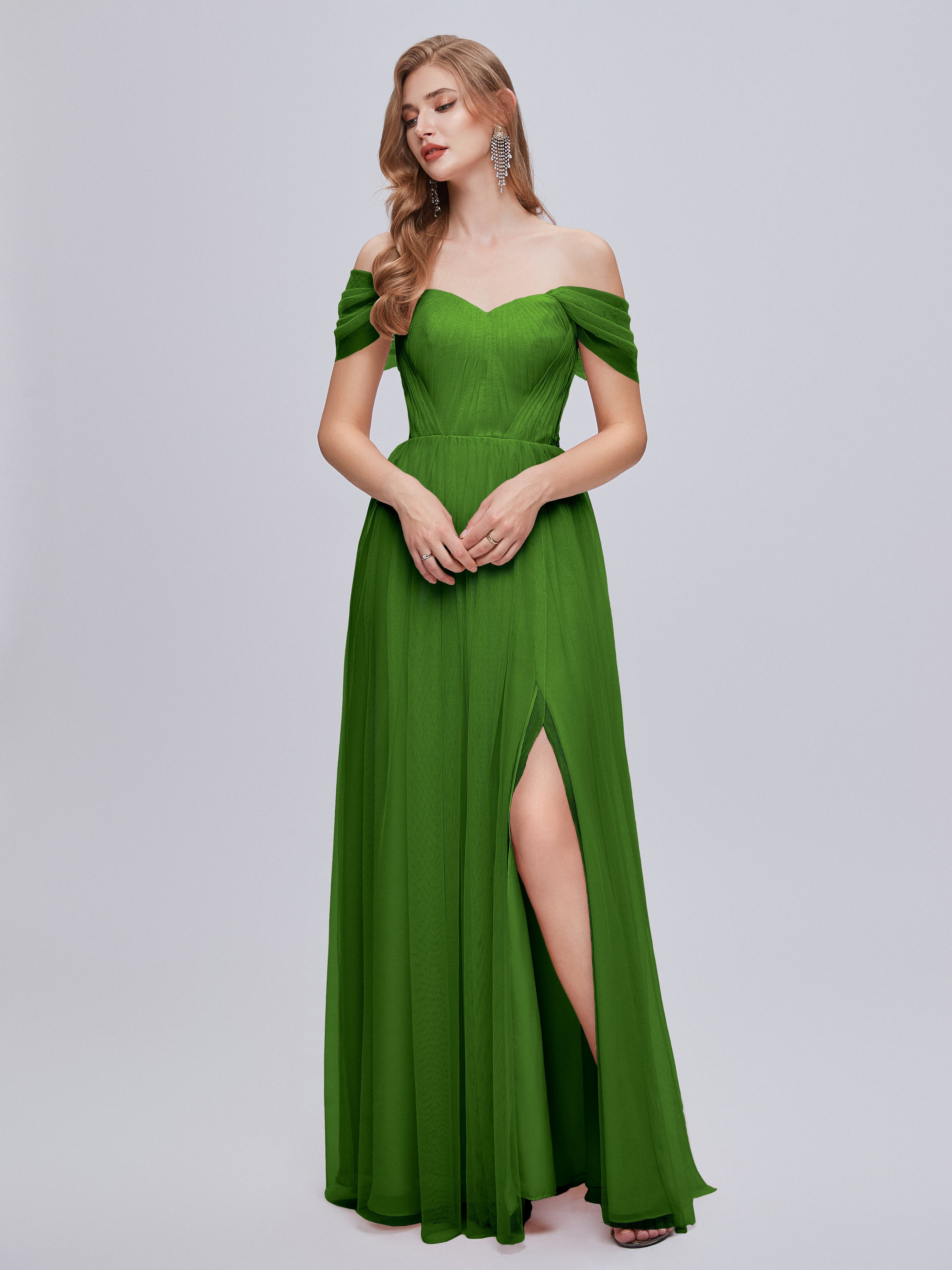 Robes De Demoiselle D'Honneur Vert Mousse Convertible Fendue Tulle Robe De Demoiselle D'Honneur