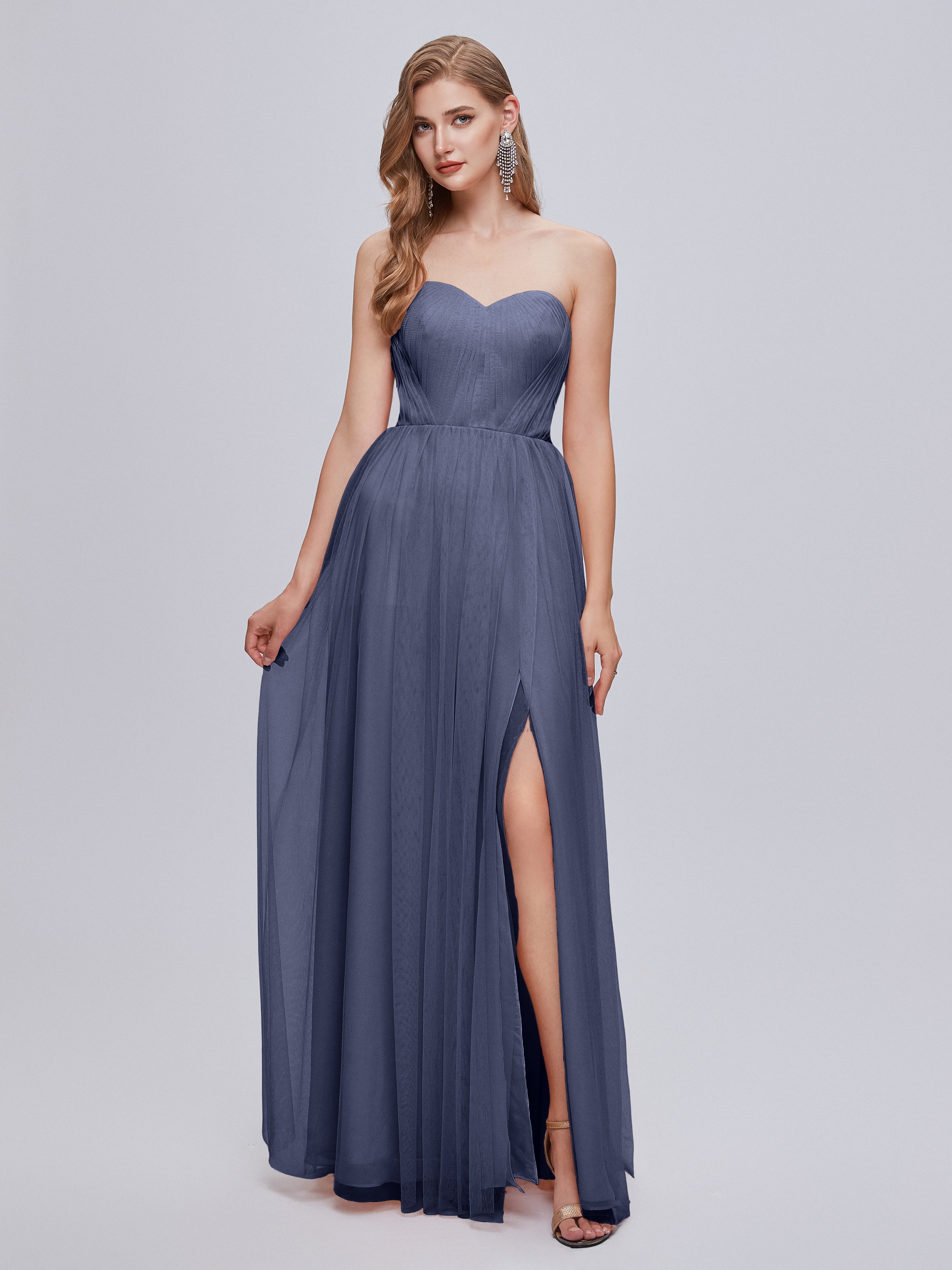 Robes De Demoiselle D'Honneur Bleu Orageux Convertible Fendue Tulle Robe De Demoiselle D'Honneur