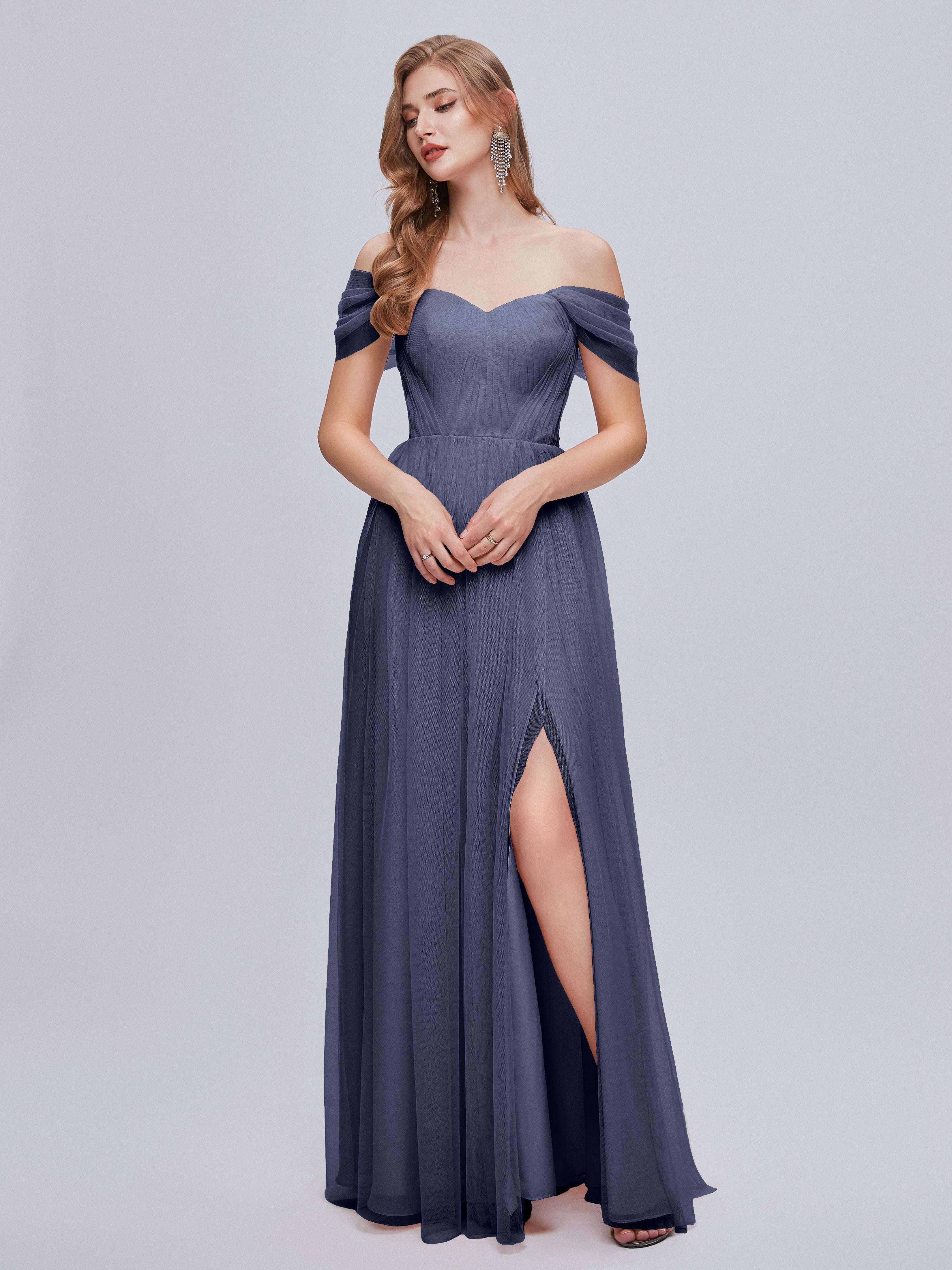 Robes De Demoiselle D'Honneur Bleu Orageux Convertible Fendue Tulle Robe De Demoiselle D'Honneur