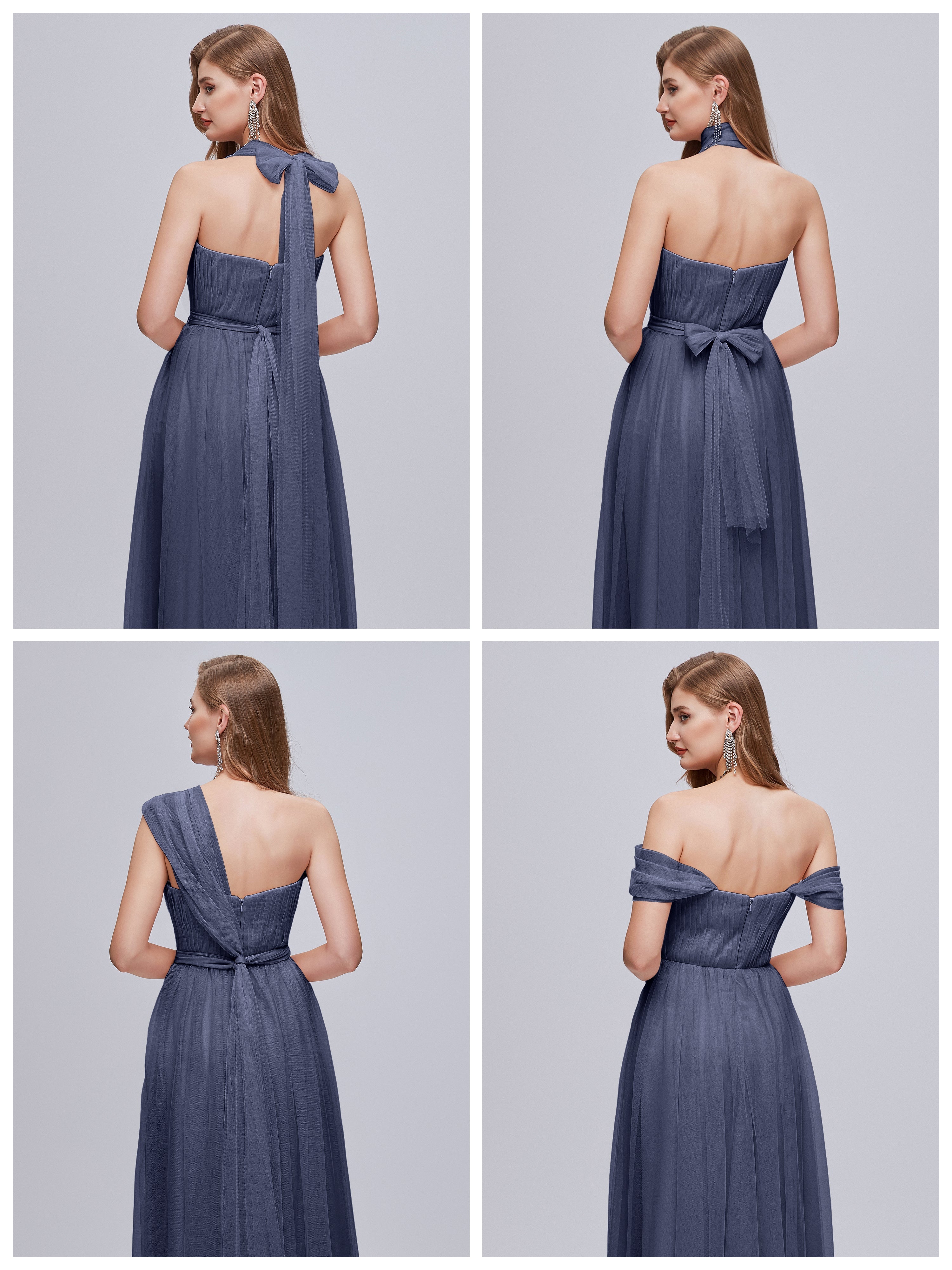 Robes De Demoiselle D'Honneur Bleu Orageux Convertible Fendue Tulle Robe De Demoiselle D'Honneur