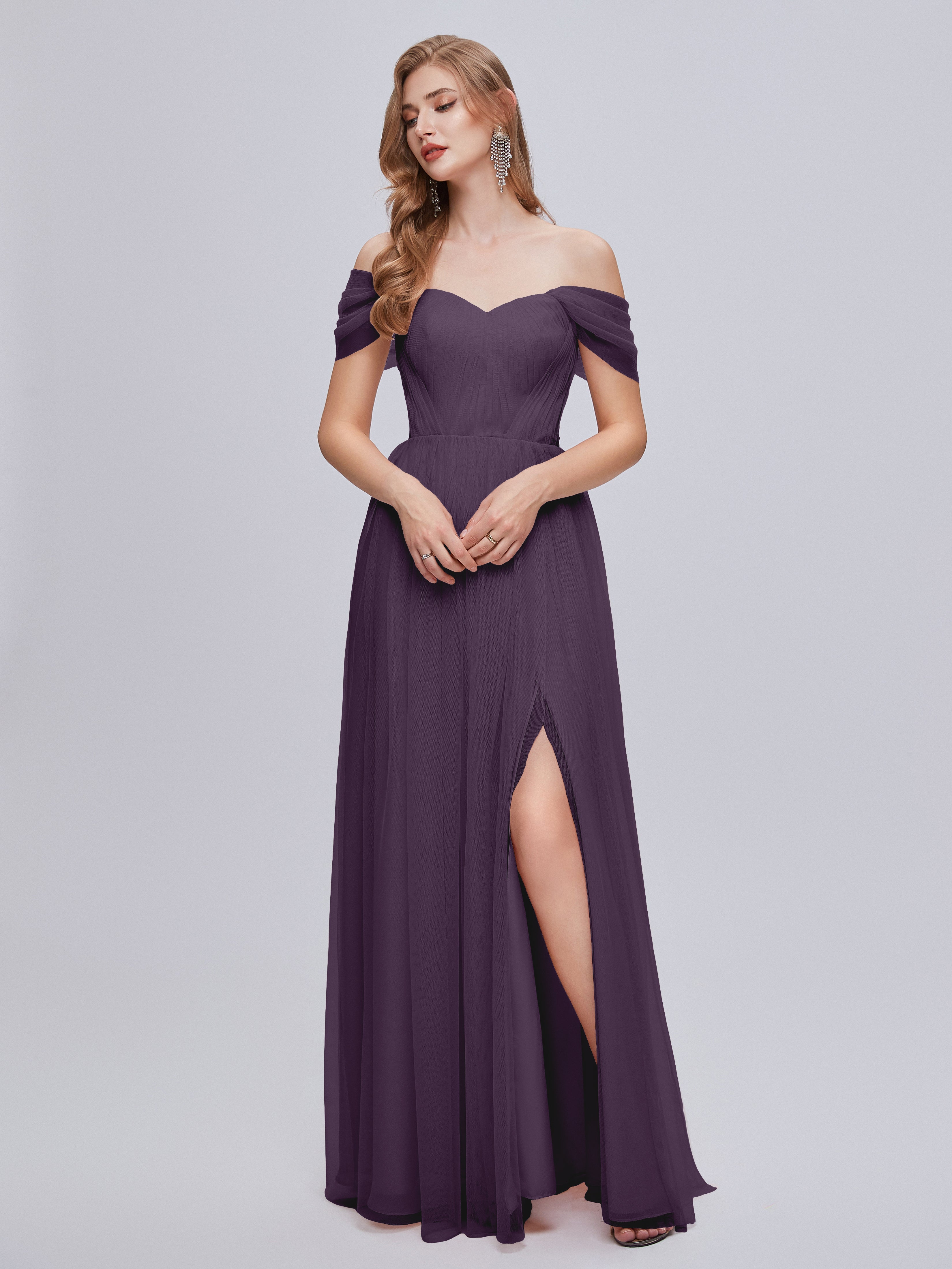 Robe Demoiselle D Honneur Plume Convertible Fendue Tulle Robe De Demoiselle D'Honneur
