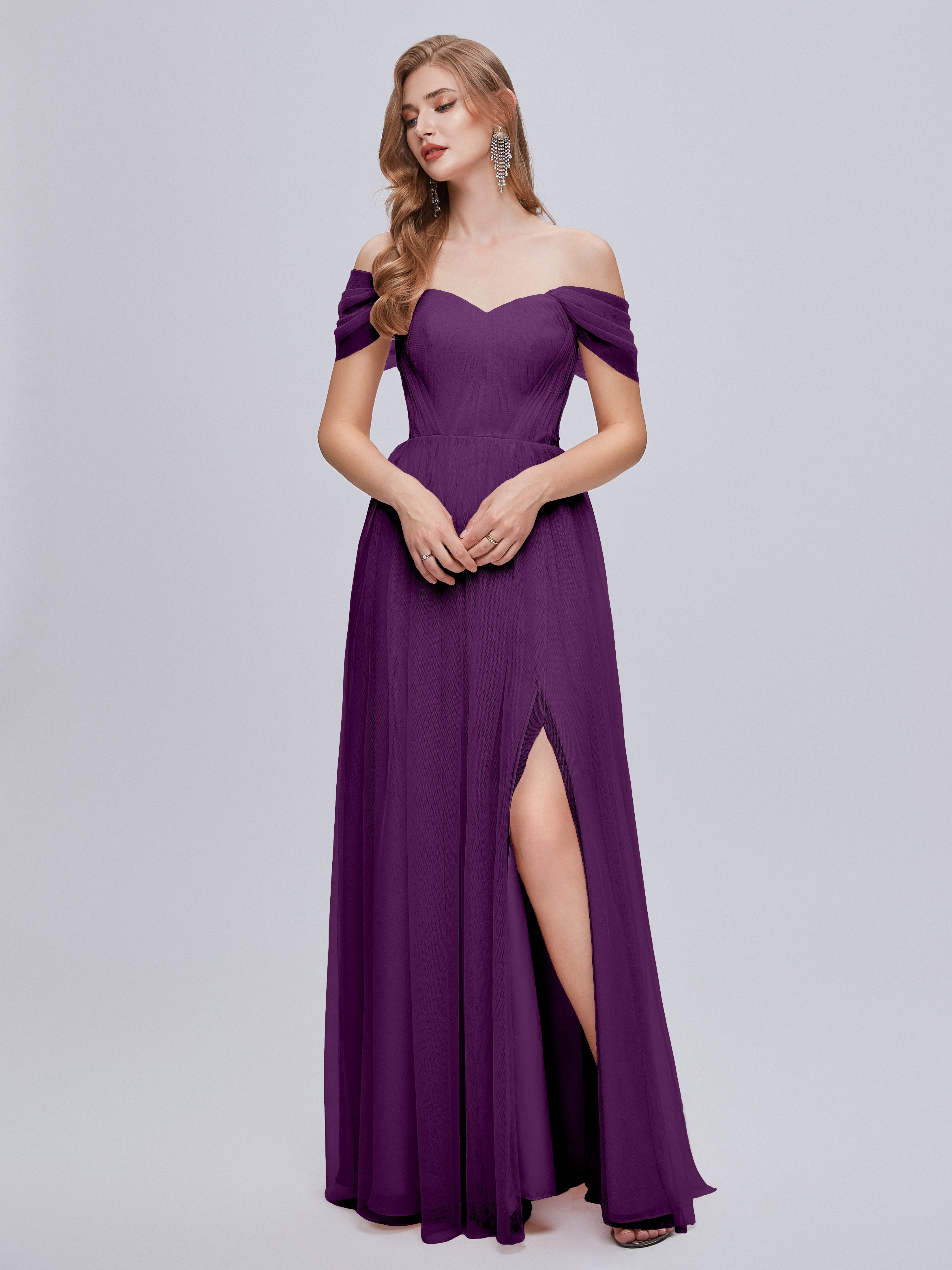Robes De Demoiselle D'Honneur En Raisin Convertible Fendue Tulle Robe De Demoiselle D'Honneur