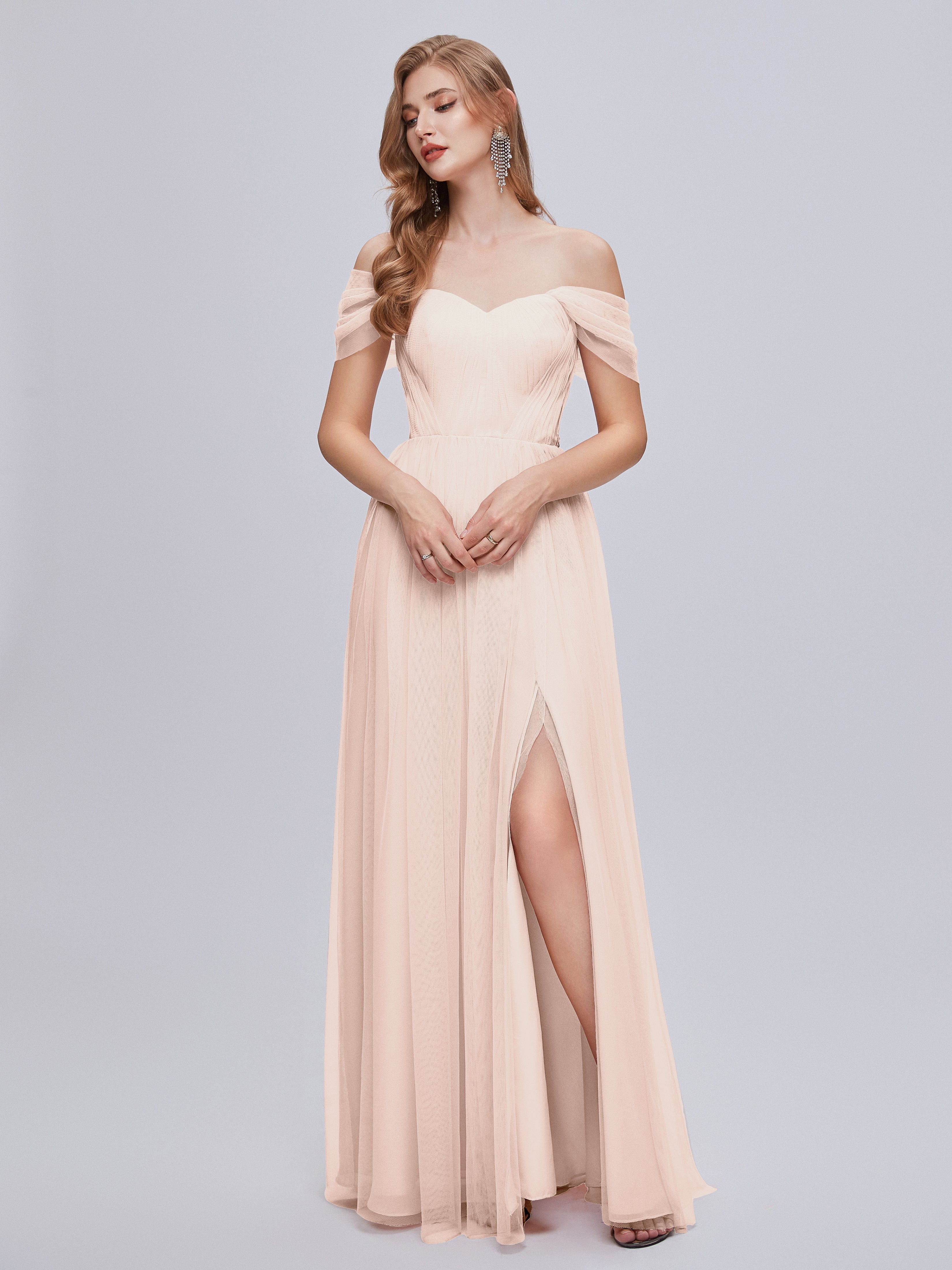 Robe Demoiselle D Honneur Rose Perle Convertible Fendue Tulle Robe De Demoiselle D'Honneur