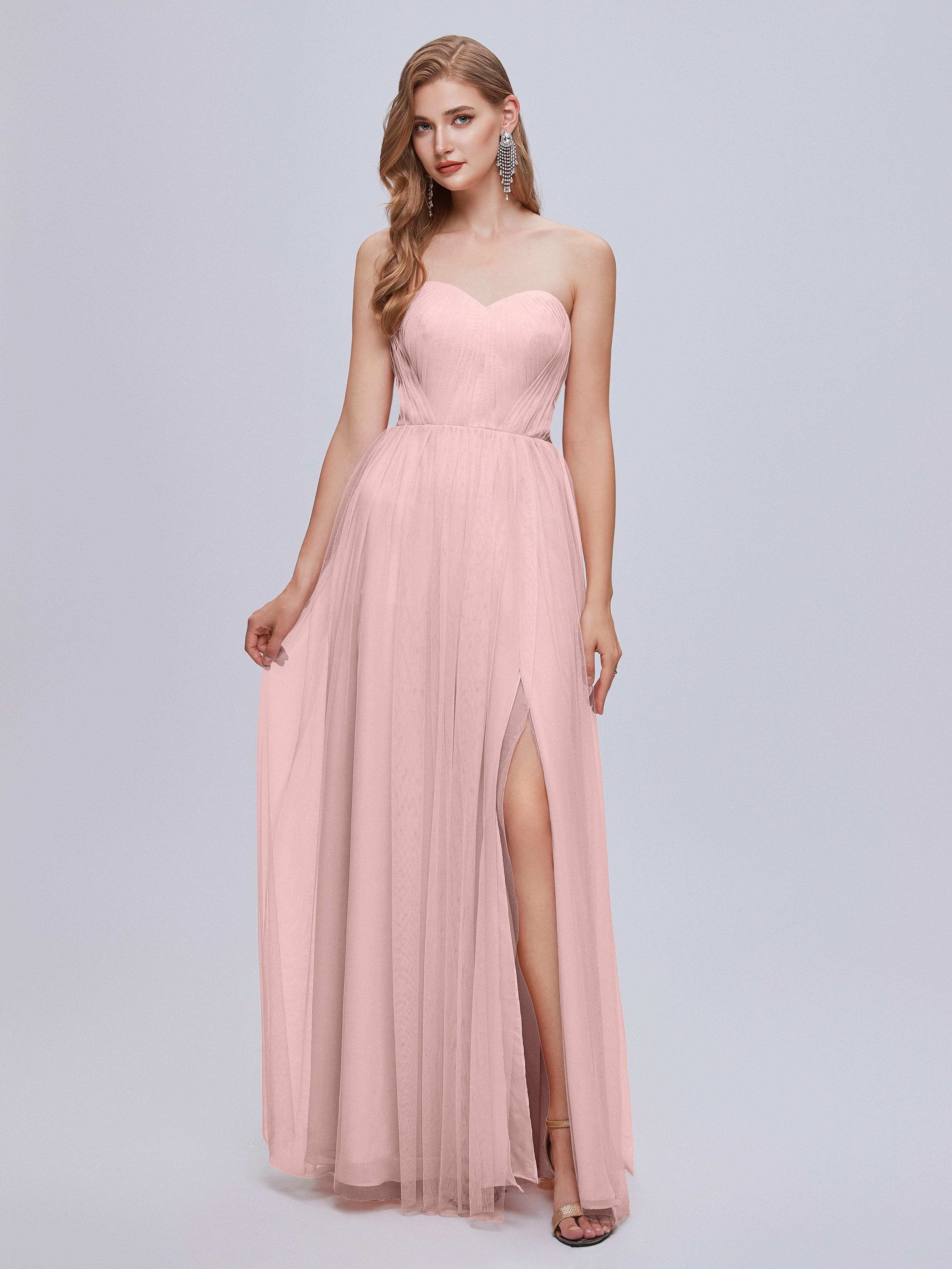 Robes Demoiselle D Honneur Rose Poudré Convertible Fendue Tulle Robe De Demoiselle D'Honneur