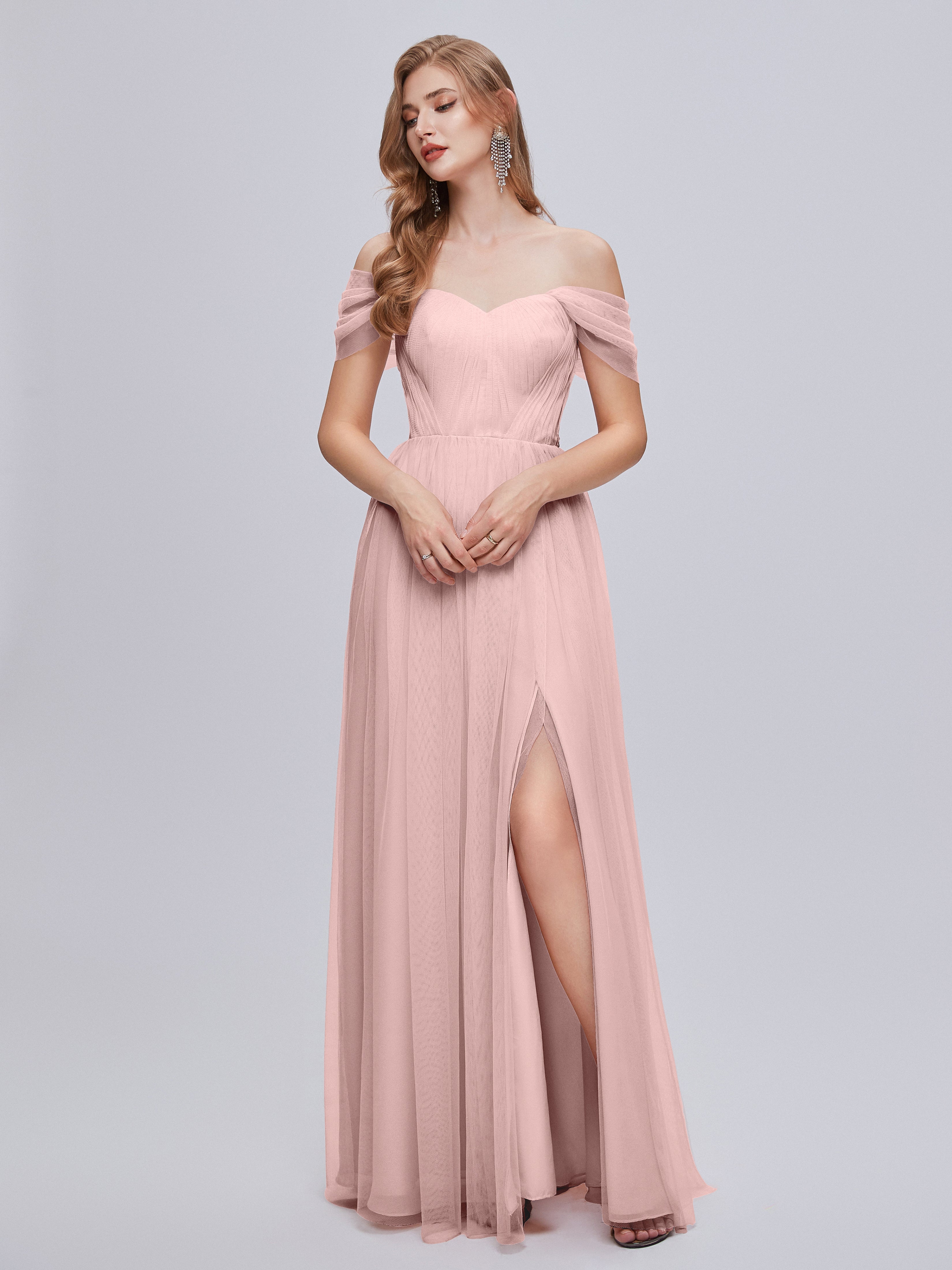 Robes Demoiselle D Honneur Rose Poudré Convertible Fendue Tulle Robe De Demoiselle D'Honneur