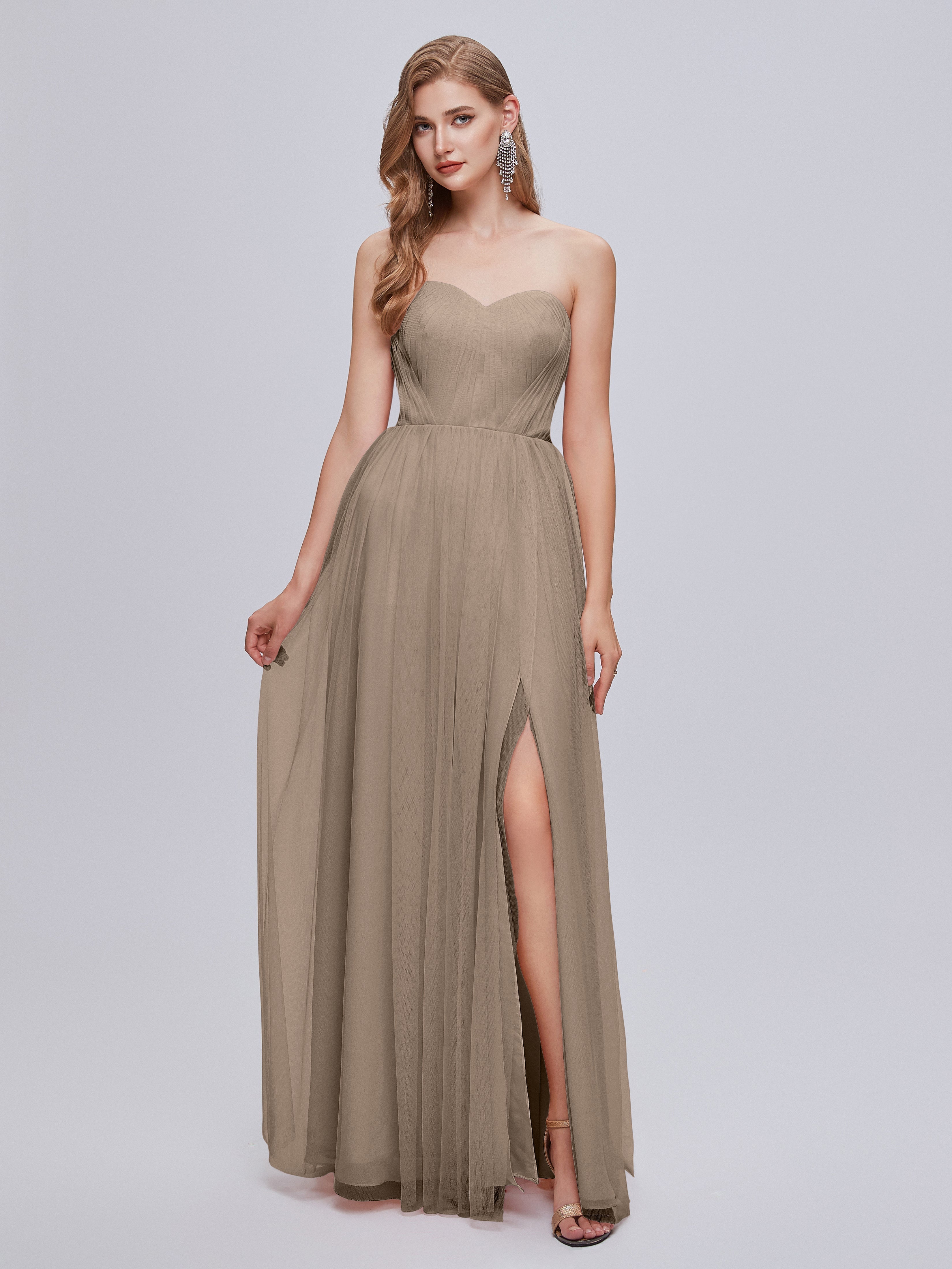 Robe De Couleur Taupe Convertible Fendue Tulle Robe De Demoiselle D'Honneur