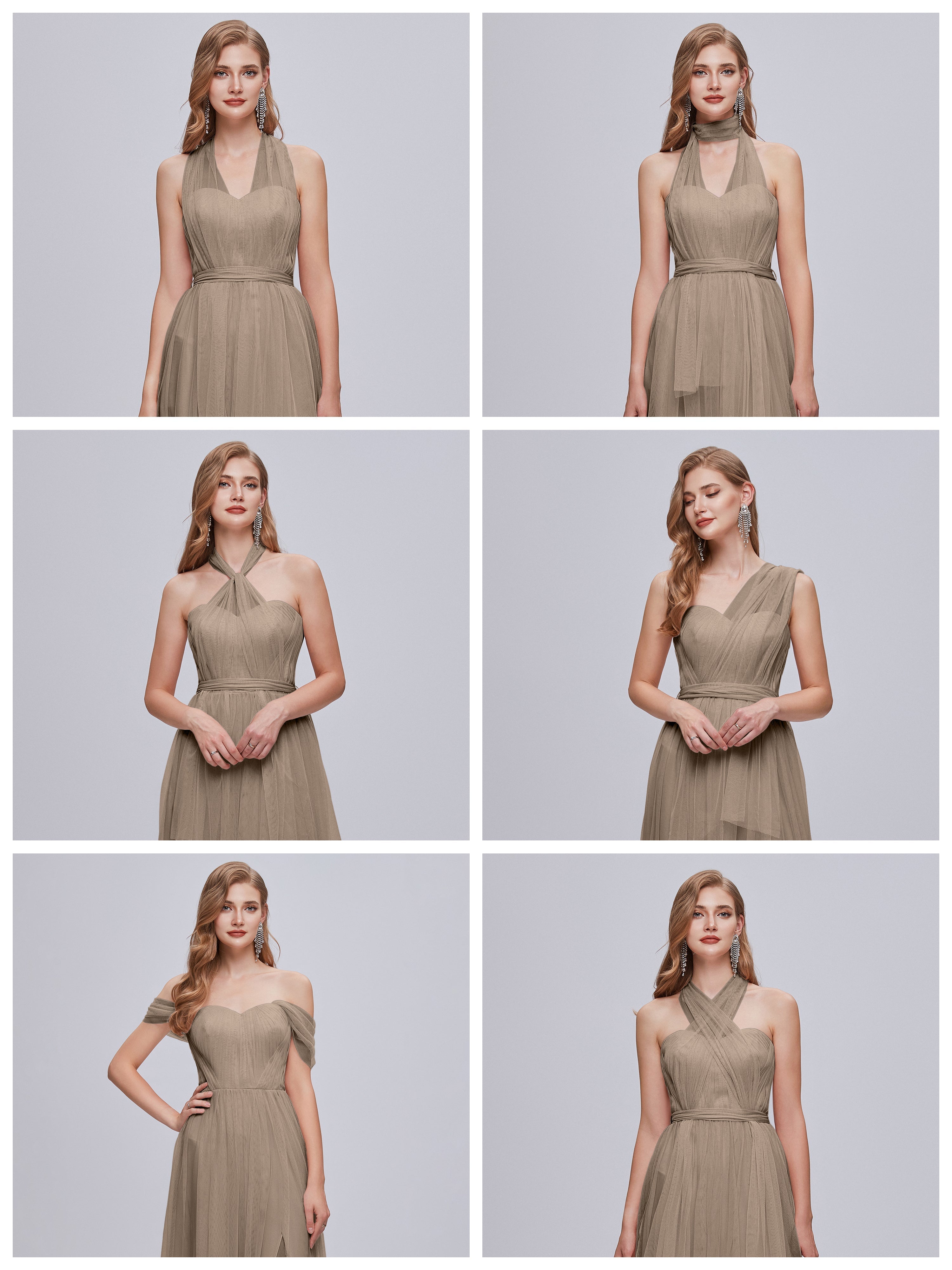 Robe De Couleur Taupe Convertible Fendue Tulle Robe De Demoiselle D'Honneur