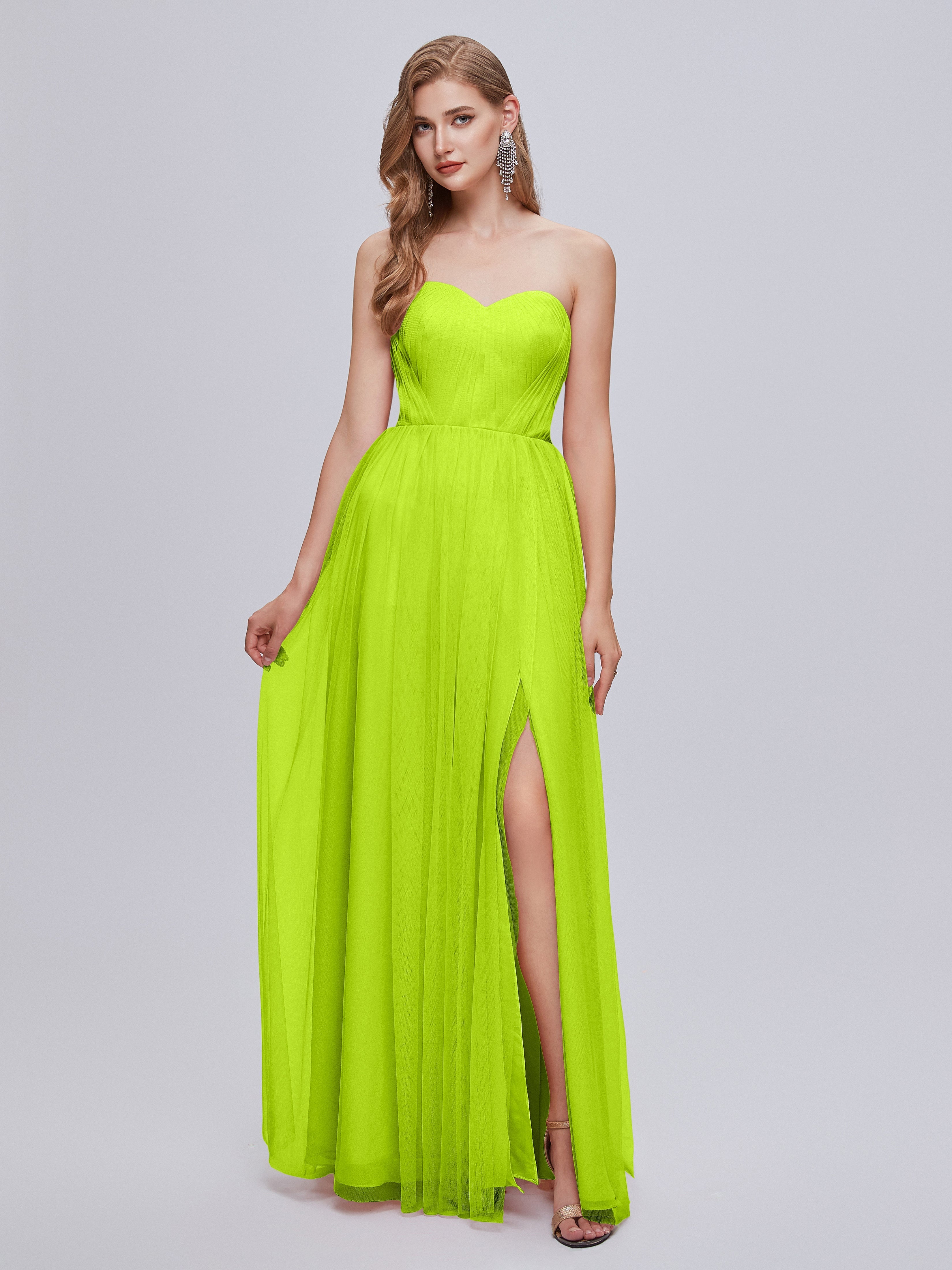 Robes De Demoiselle D'Honneur Vert Citron Convertible Fendue Tulle Robe De Demoiselle D'Honneur