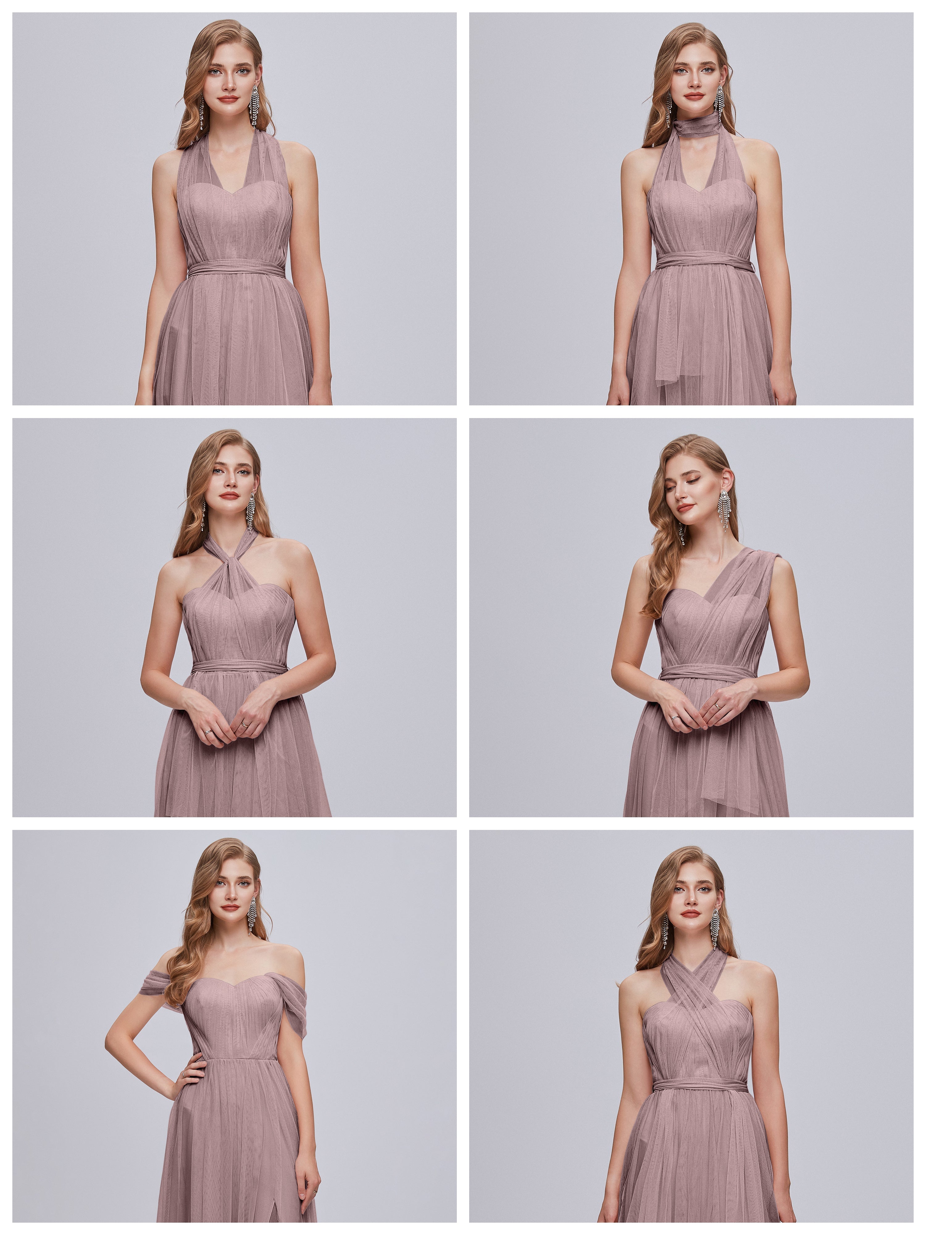 Robes De Demoiselle D'Honneur Mauve Foncé Convertible Fendue Tulle Robe De Demoiselle D'Honneur