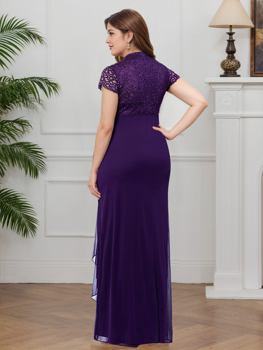 Cicinia Régence Robe pour Mère de la Mariée Longue en Dentelle Décolleté en V Sheath Manches Courtes