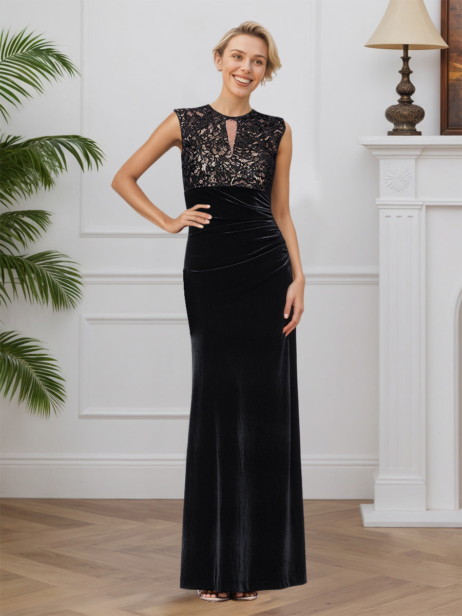 Cicinia Noir Robe pour Mère de la Mariée Longue en Velours et Dentelle Fourreau Robe de Soirée