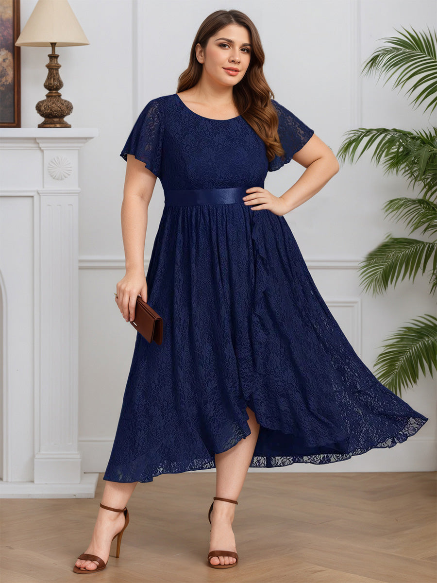 Cicinia Bleu Marine Robe pour Mère de la Mariée Longue en Dentelle A-Line Longueur Midi (Thé) Manches Courtes Grande Taille