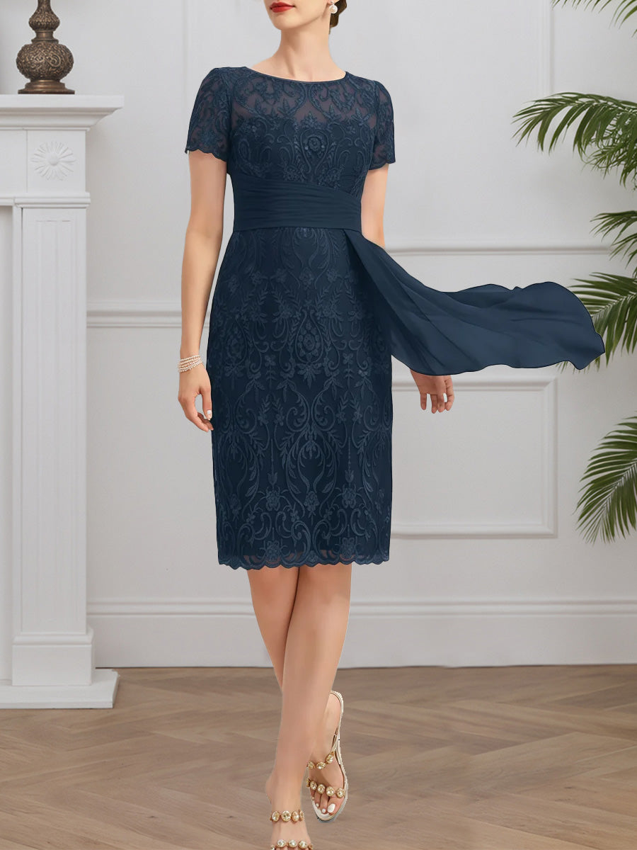 Cicinia Bleu Marine Foncé Robe pour Mère de la Mariée Courte en Mousseline et Dentelle Fourreau Longueur Genoux