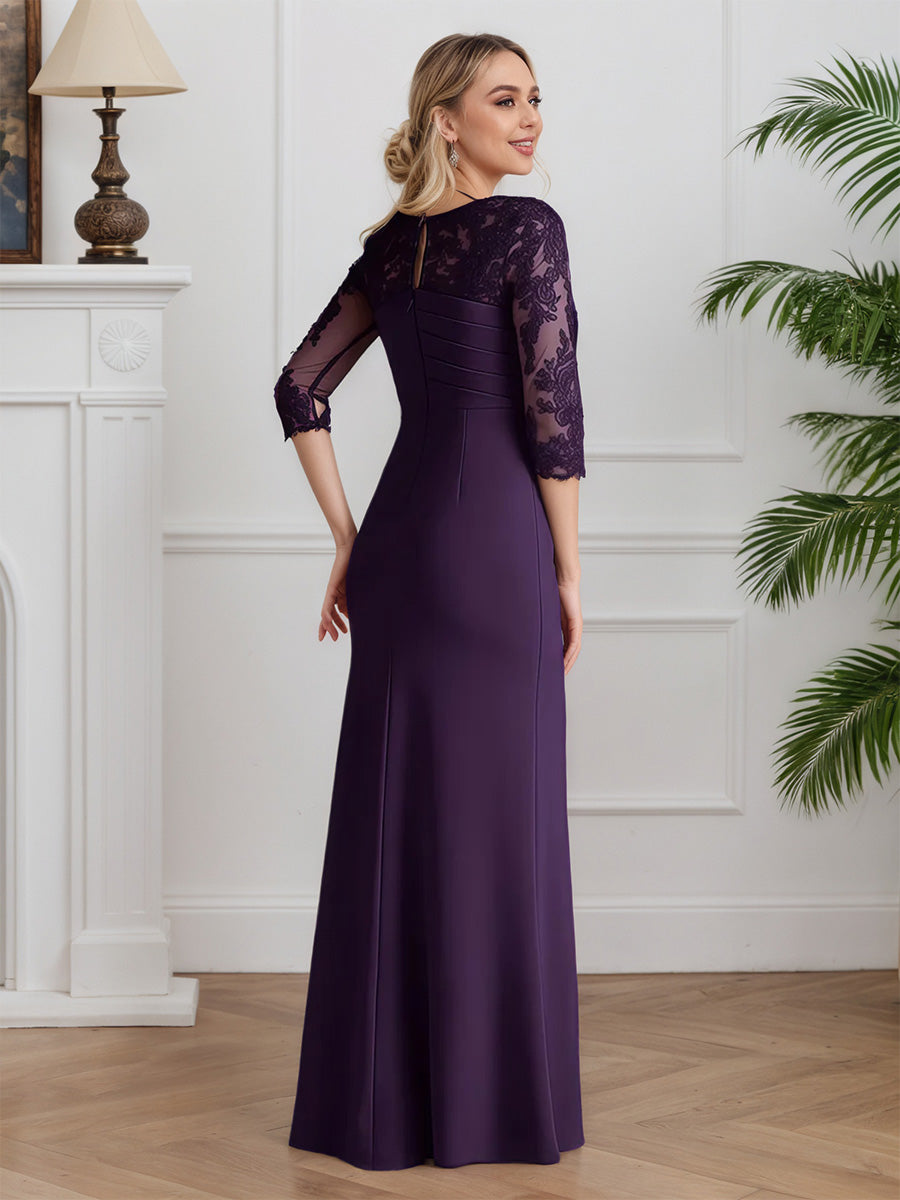 Cicinia Raisin Robe pour Mère du Marié Longue en Mousseline et Dentelle Fourreau Manches Trois-Quarts